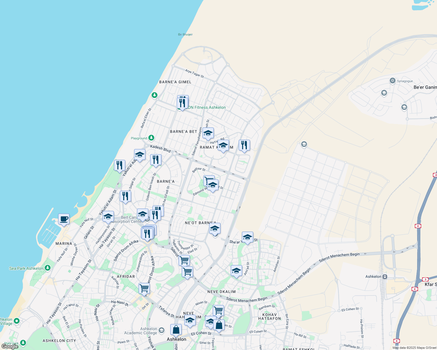 map of restaurants, bars, coffee shops, grocery stores, and more near 41 Balfour Street in Ashkelon