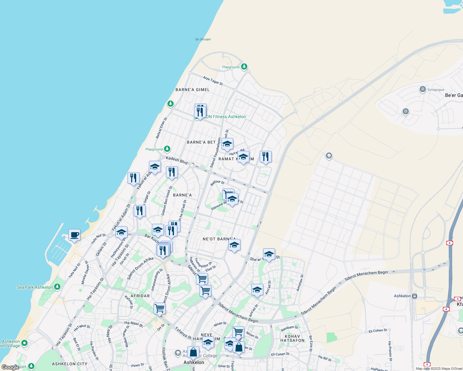 map of restaurants, bars, coffee shops, grocery stores, and more near 33 Balfour Street in Ashkelon