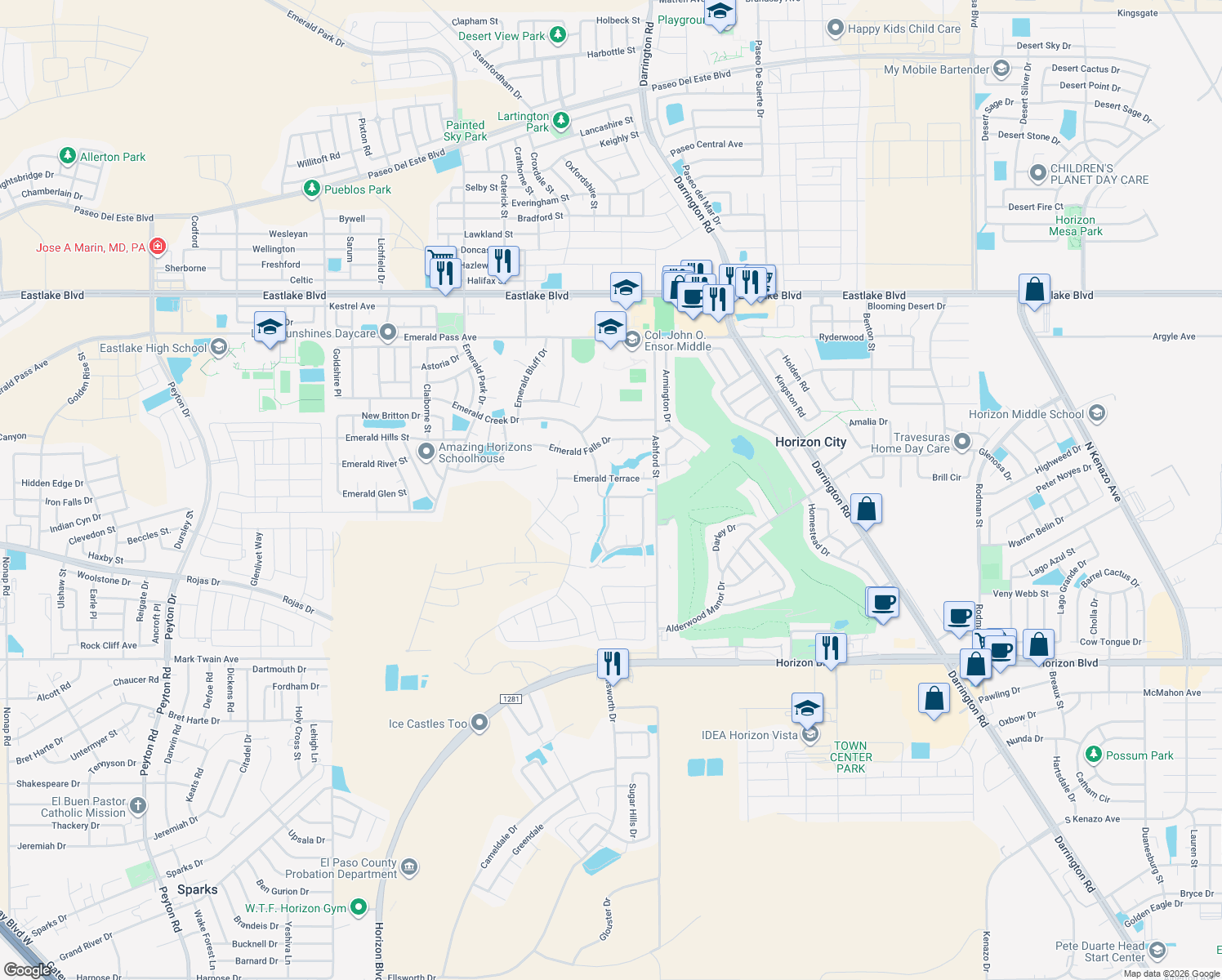 map of restaurants, bars, coffee shops, grocery stores, and more near 13421 Pine Valley Avenue in Horizon City