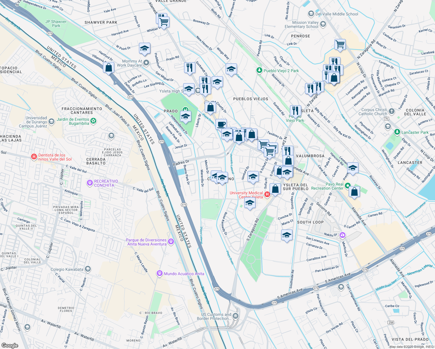 map of restaurants, bars, coffee shops, grocery stores, and more near 8754 Iglesia Circle in El Paso
