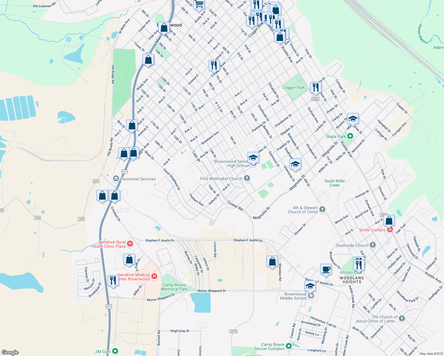 map of restaurants, bars, coffee shops, grocery stores, and more near 2310 13th Street in Brownwood