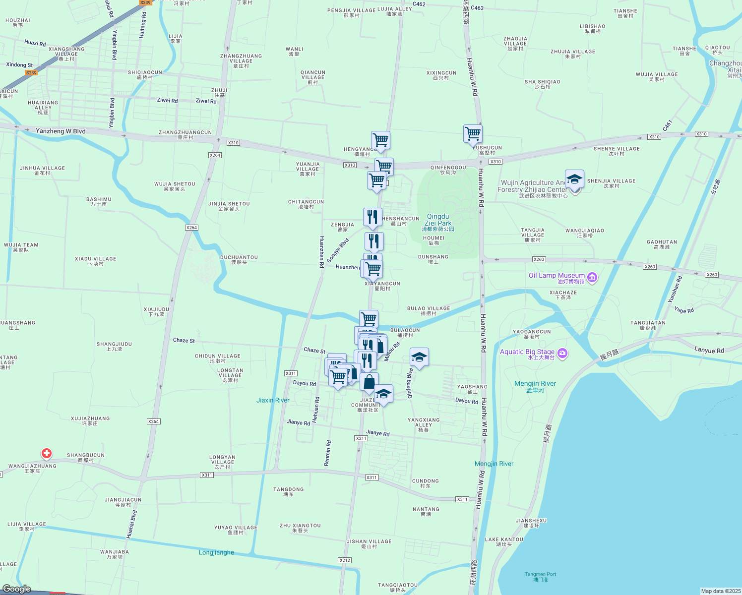 map of restaurants, bars, coffee shops, grocery stores, and more near Jiaxing Road in Changzhou