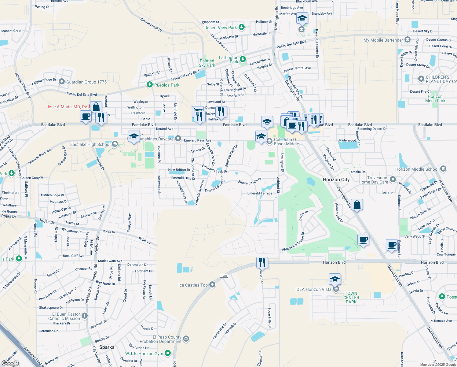 map of restaurants, bars, coffee shops, grocery stores, and more near 13448 Emerald Falls Dr in Horizon City