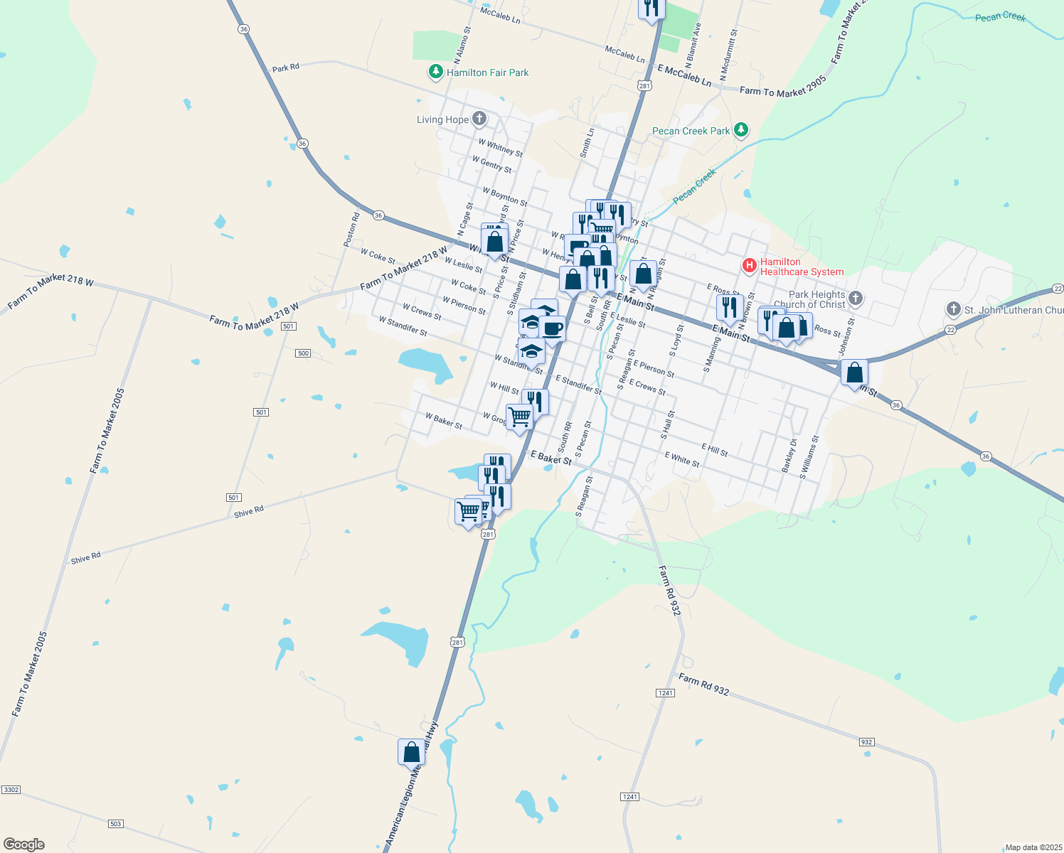 map of restaurants, bars, coffee shops, grocery stores, and more near 1001 South Rice Street in Hamilton