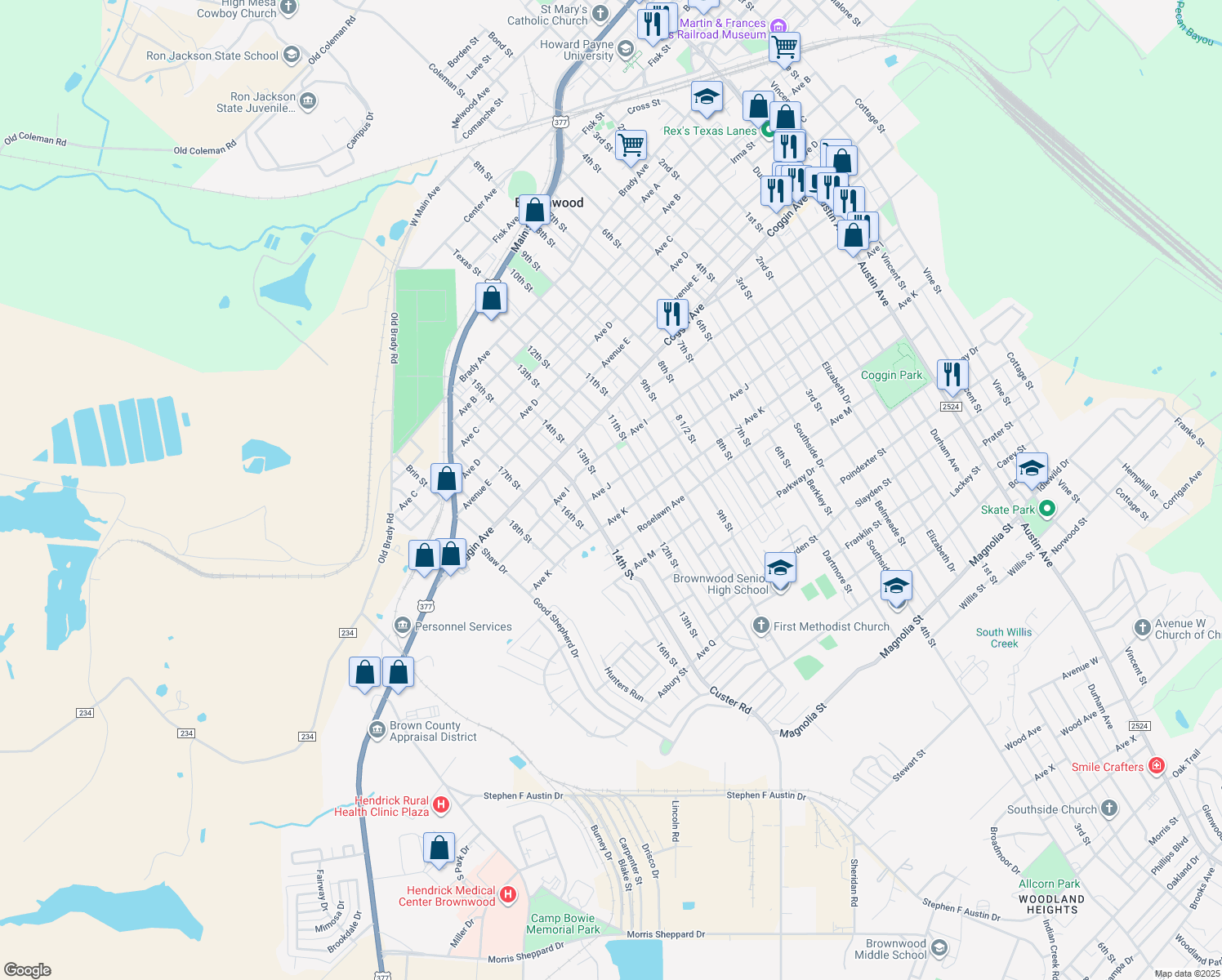 map of restaurants, bars, coffee shops, grocery stores, and more near 1802 13th Street in Brownwood