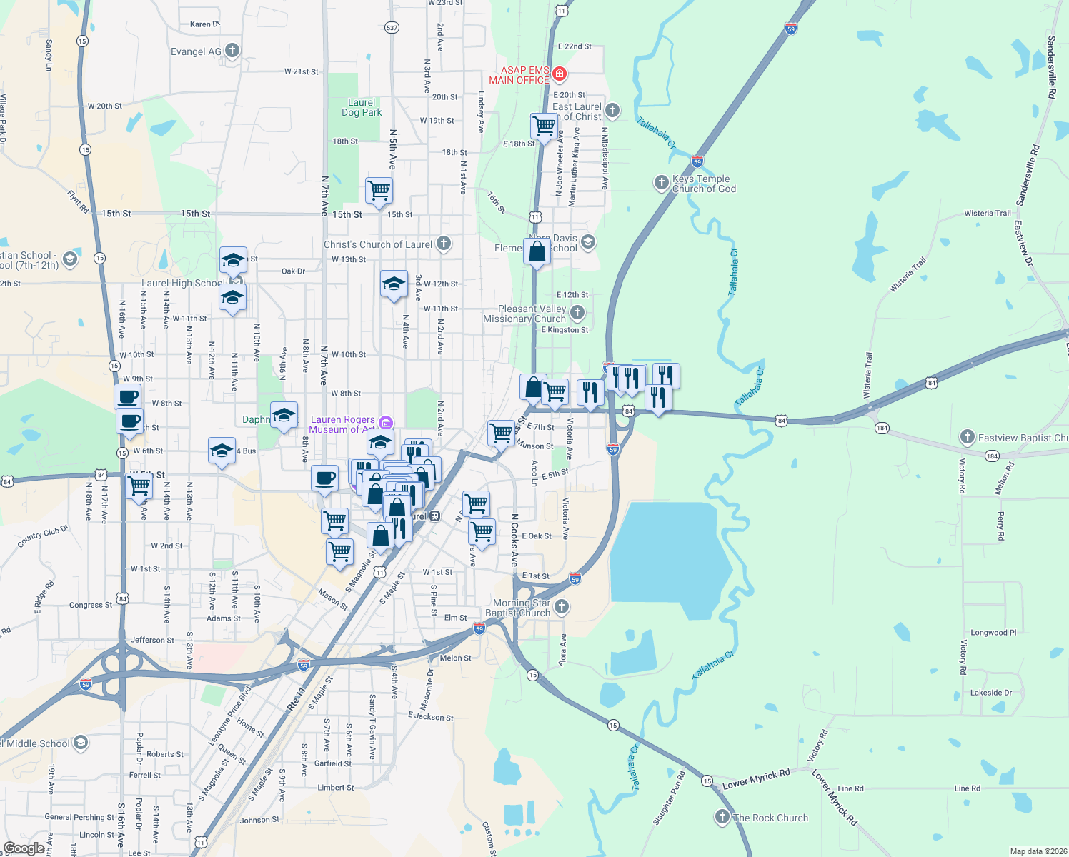 map of restaurants, bars, coffee shops, grocery stores, and more near 698 Arco Lane in Laurel