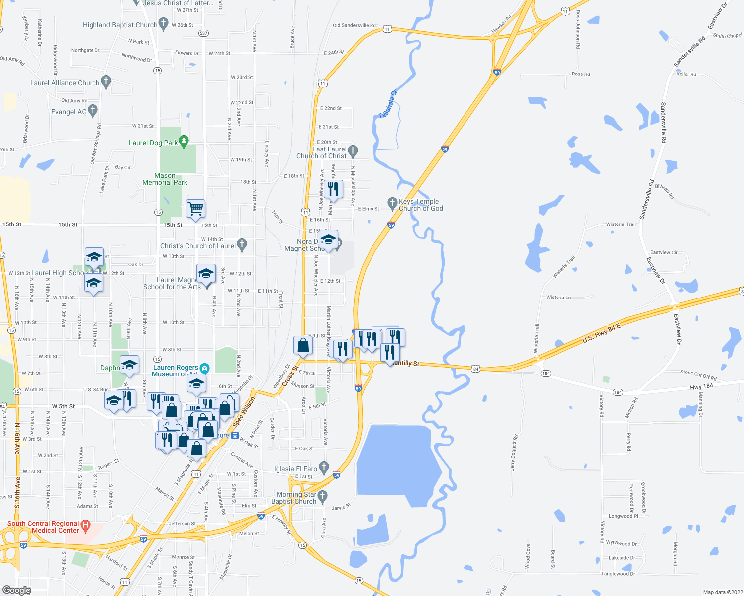 map of restaurants, bars, coffee shops, grocery stores, and more near Interstate 59 in Laurel