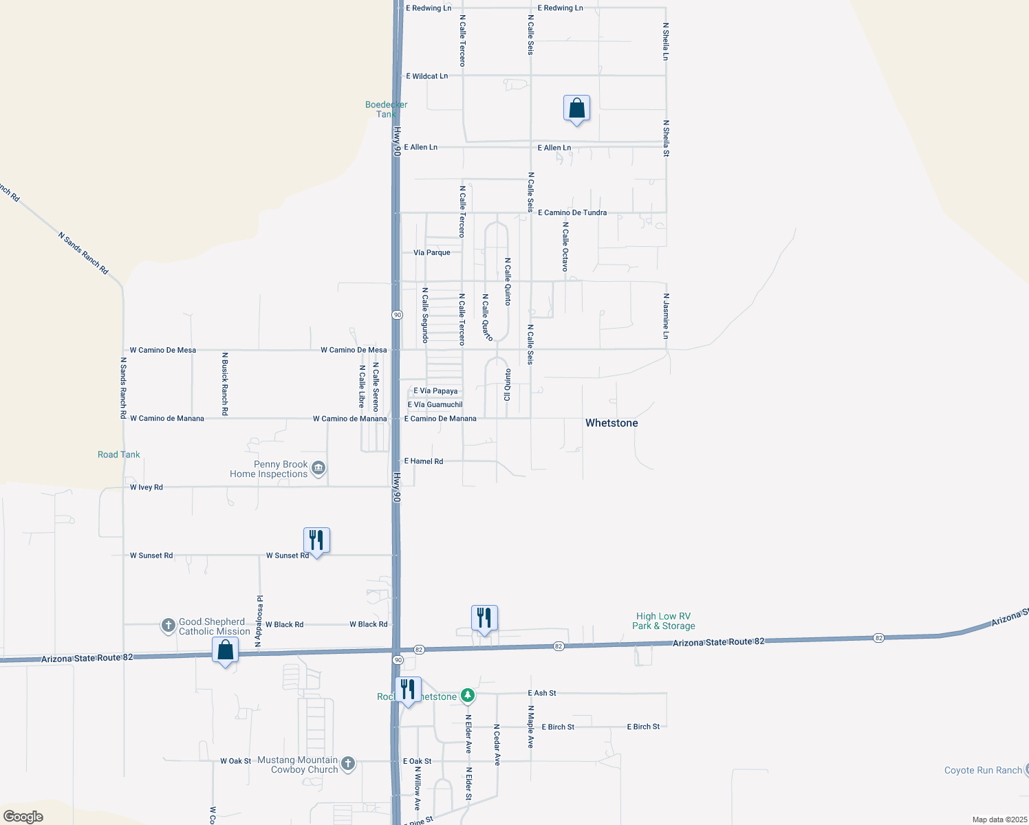 map of restaurants, bars, coffee shops, grocery stores, and more near 313 E Camino De Manana in Huachuca City