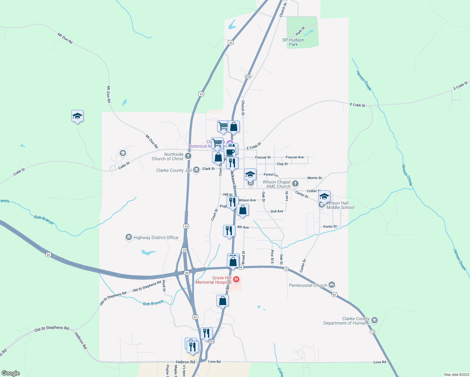 map of restaurants, bars, coffee shops, grocery stores, and more near 115 Dubose Avenue in Grove Hill