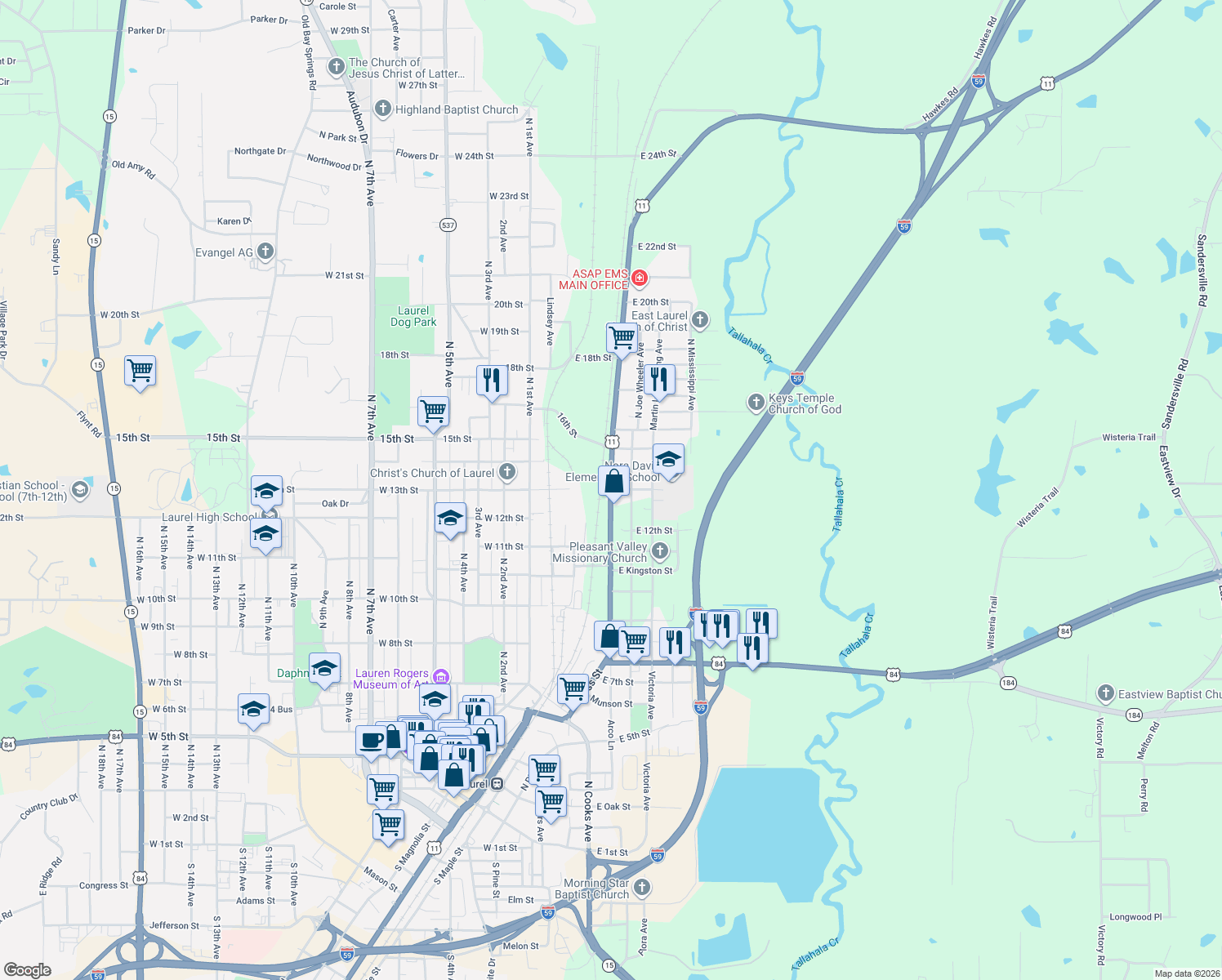 map of restaurants, bars, coffee shops, grocery stores, and more near East 13th Street in Laurel