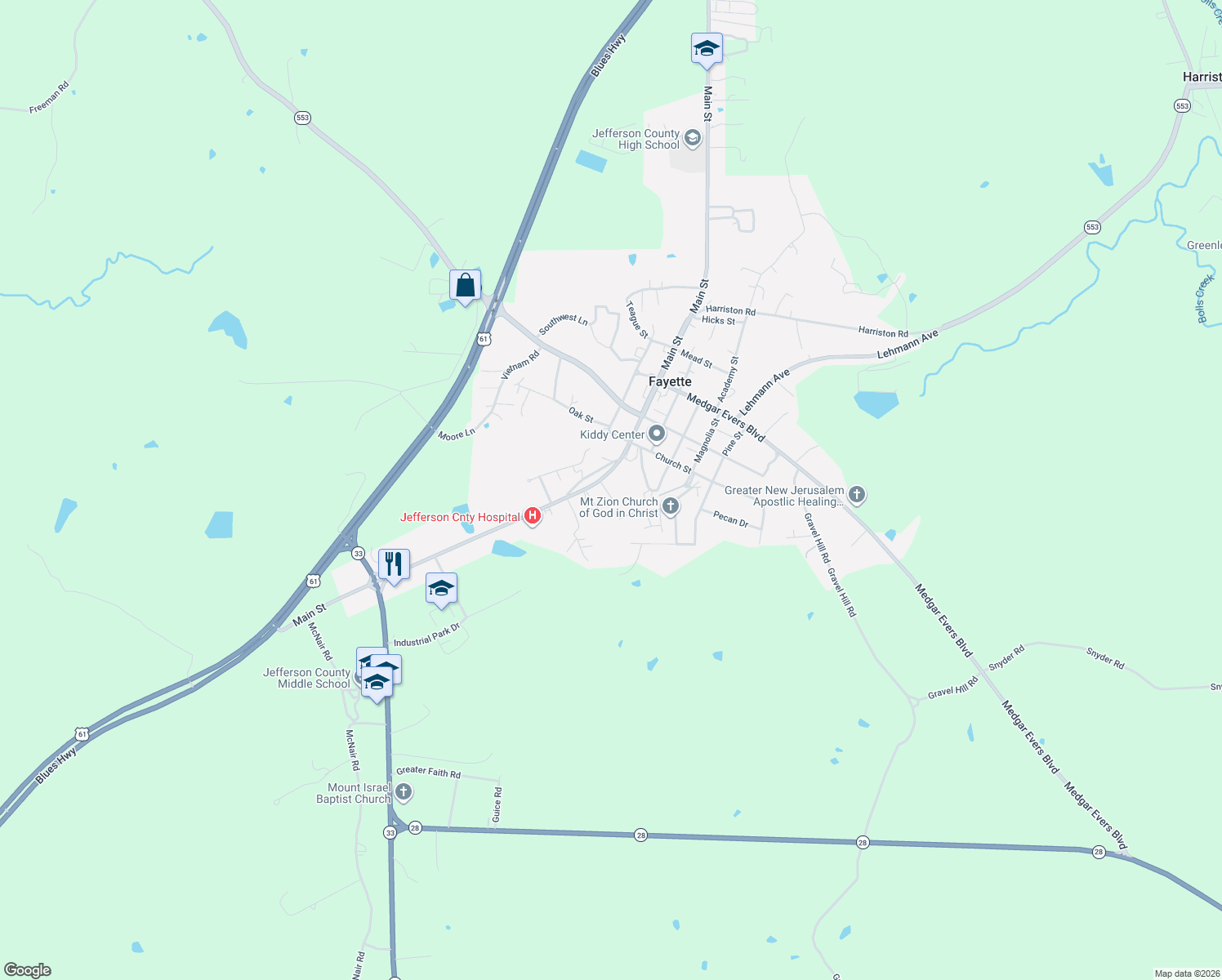 map of restaurants, bars, coffee shops, grocery stores, and more near 665 Harris Street in Fayette