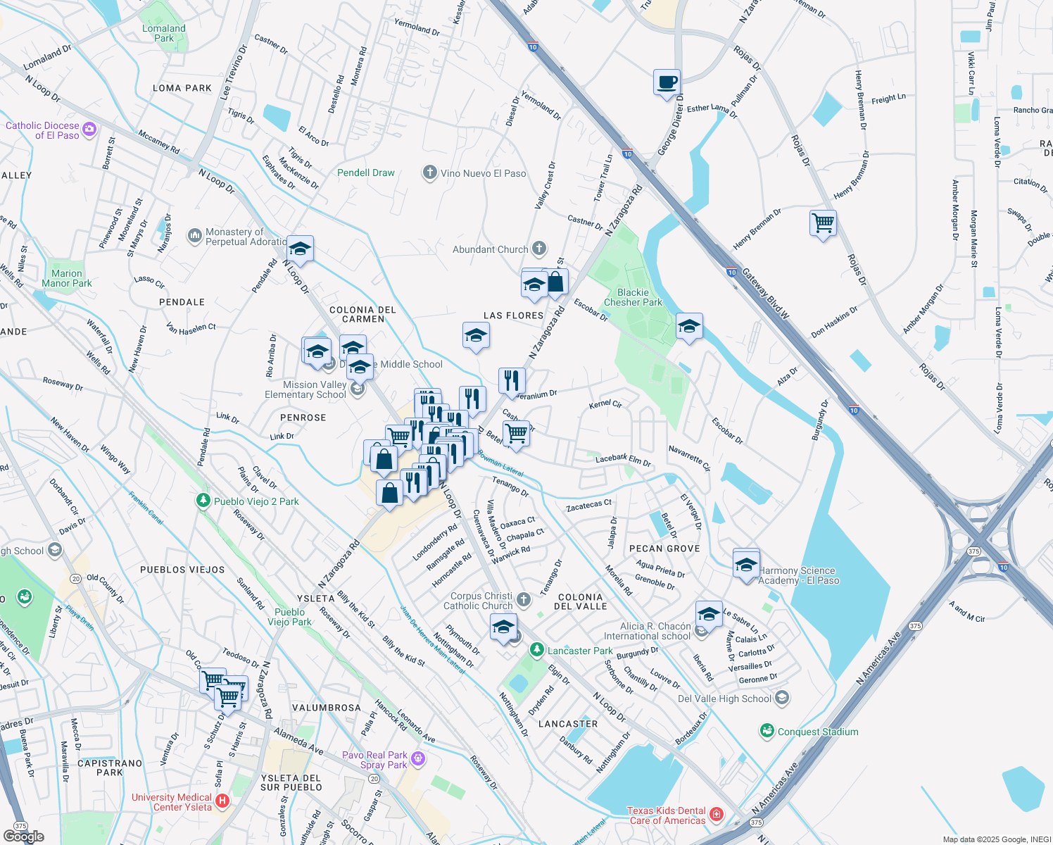 map of restaurants, bars, coffee shops, grocery stores, and more near 900 Madtone Drive in El Paso