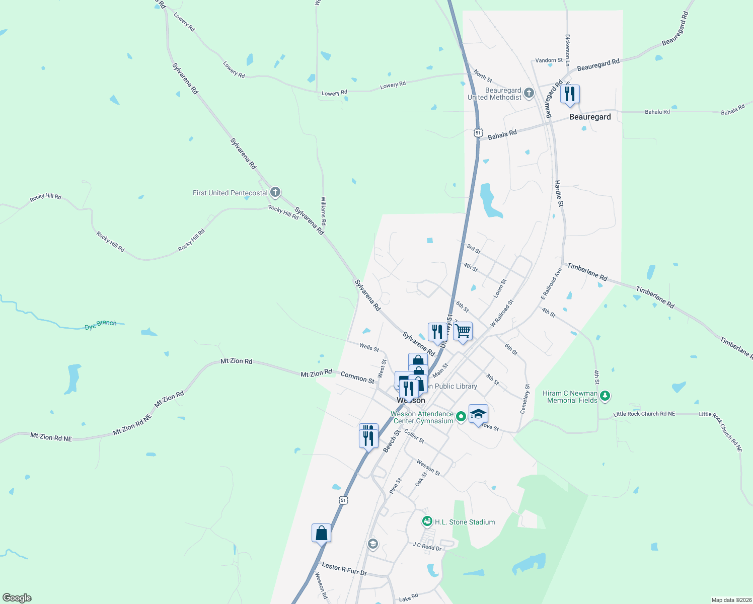 map of restaurants, bars, coffee shops, grocery stores, and more near 1018 David Britt Street in Wesson