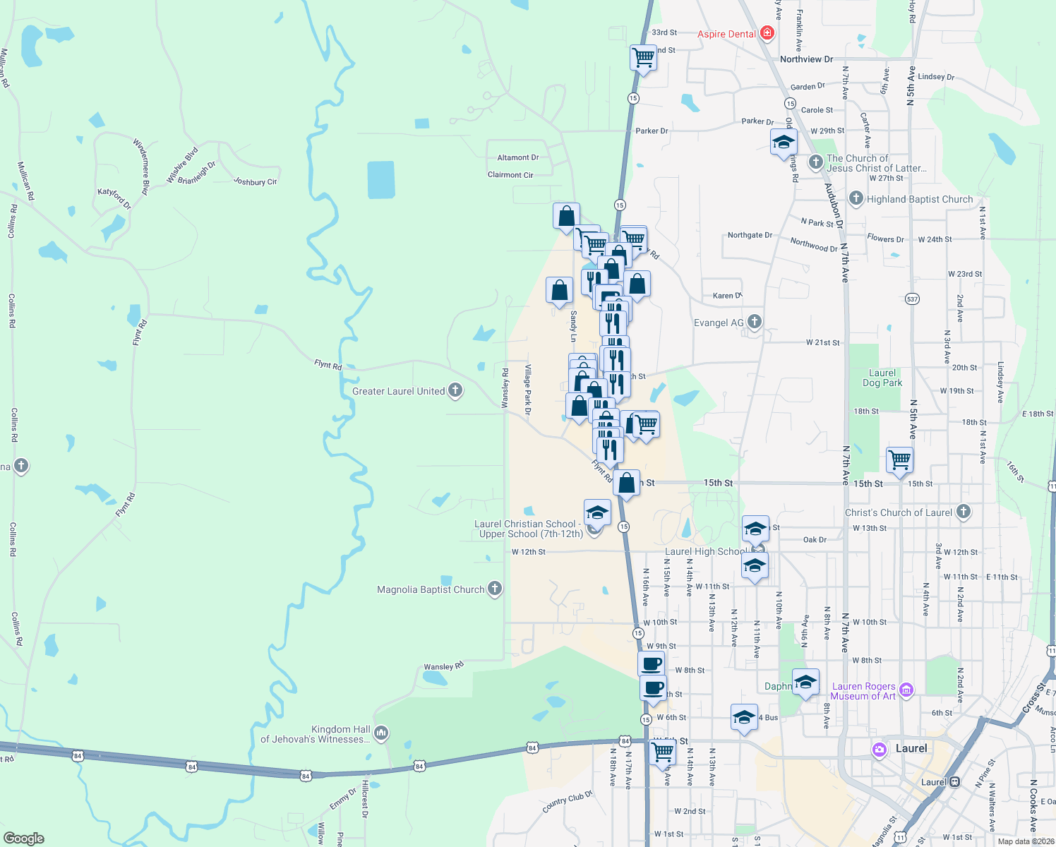 map of restaurants, bars, coffee shops, grocery stores, and more near 86 Flynt Road in Laurel
