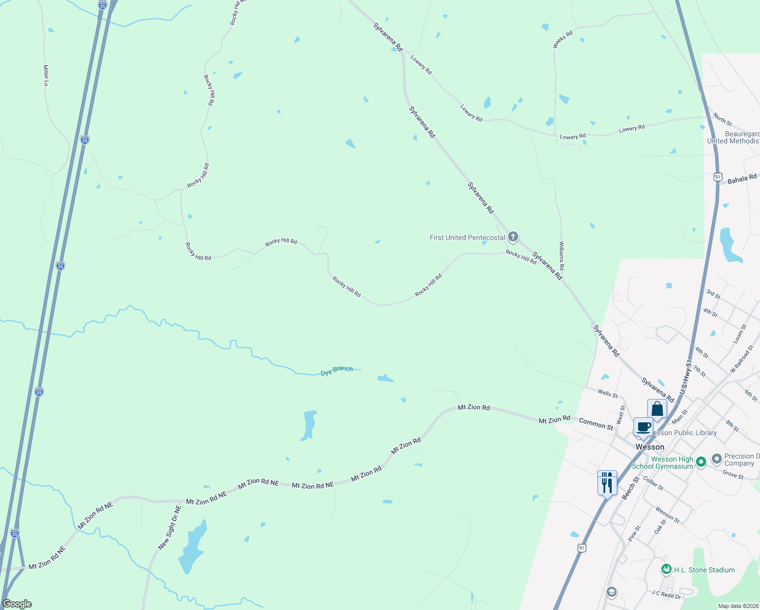 map of restaurants, bars, coffee shops, grocery stores, and more near 2038 Rocky Hill Road in Wesson
