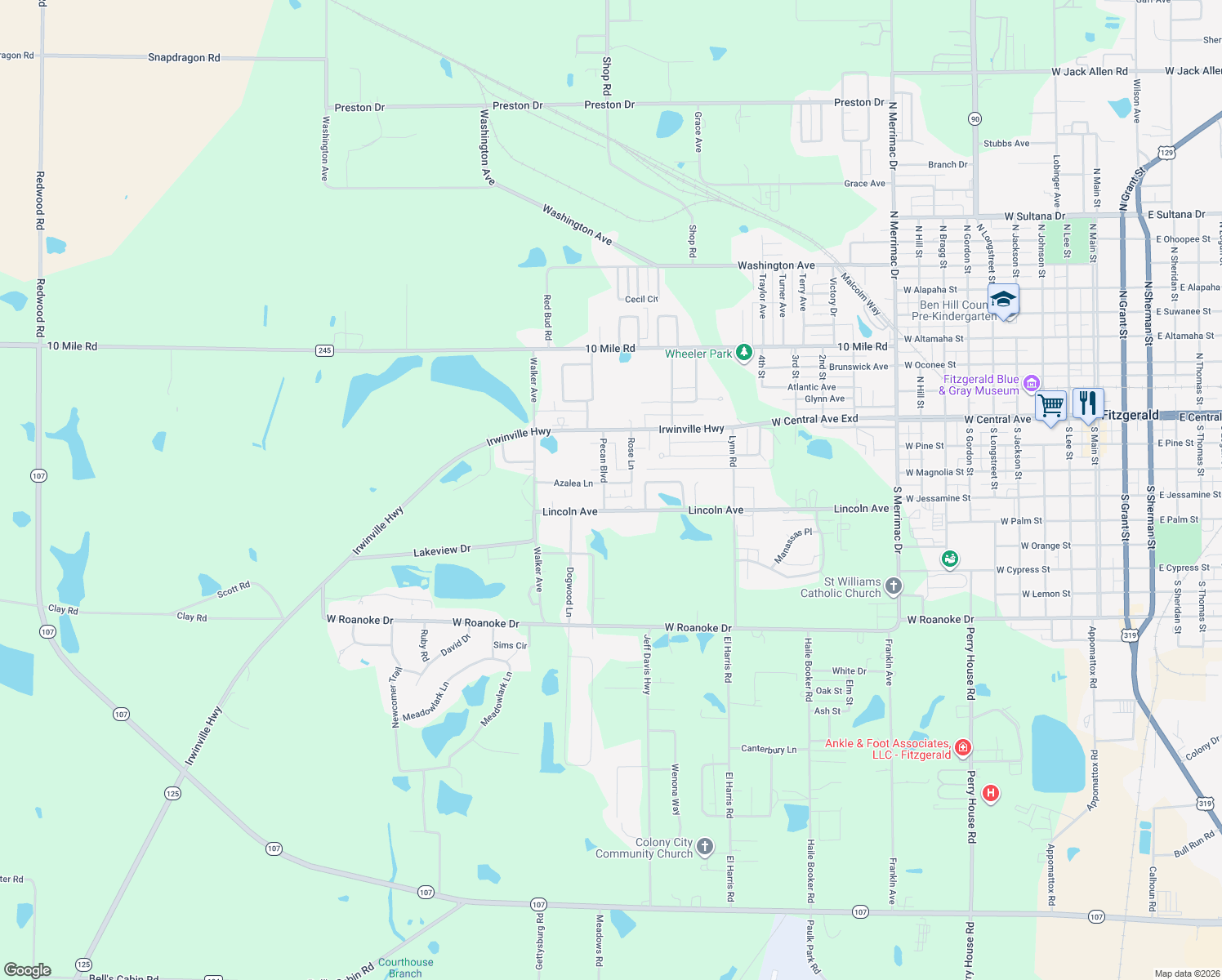 map of restaurants, bars, coffee shops, grocery stores, and more near 132 Pecan Boulevard in Fitzgerald