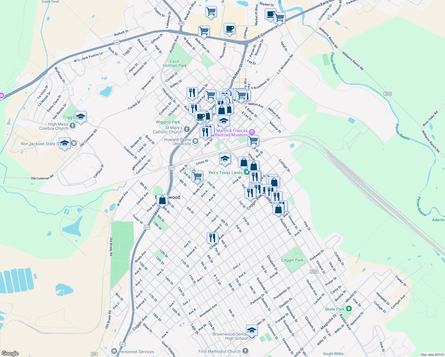 map of restaurants, bars, coffee shops, grocery stores, and more near 904 1st St in Brownwood