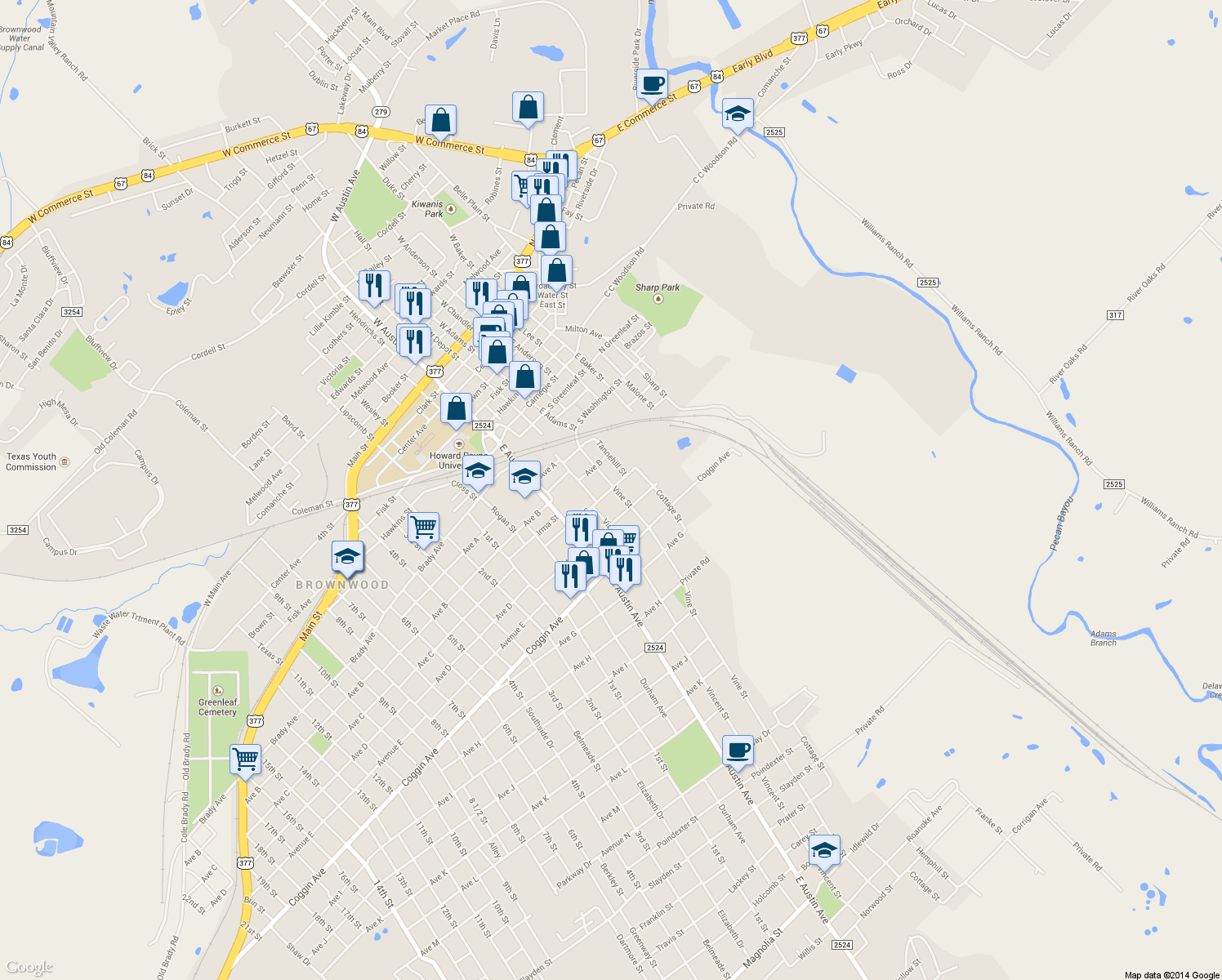 map of restaurants, bars, coffee shops, grocery stores, and more near 712 Ave C in Brownwood