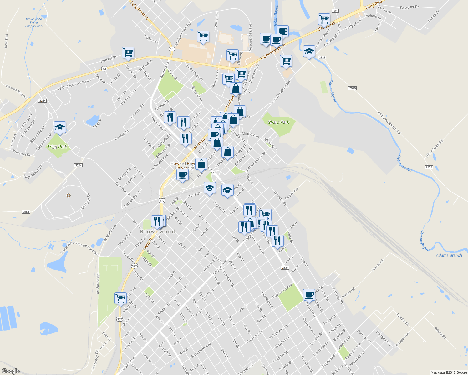 map of restaurants, bars, coffee shops, grocery stores, and more near 811 Avenue A in Brownwood