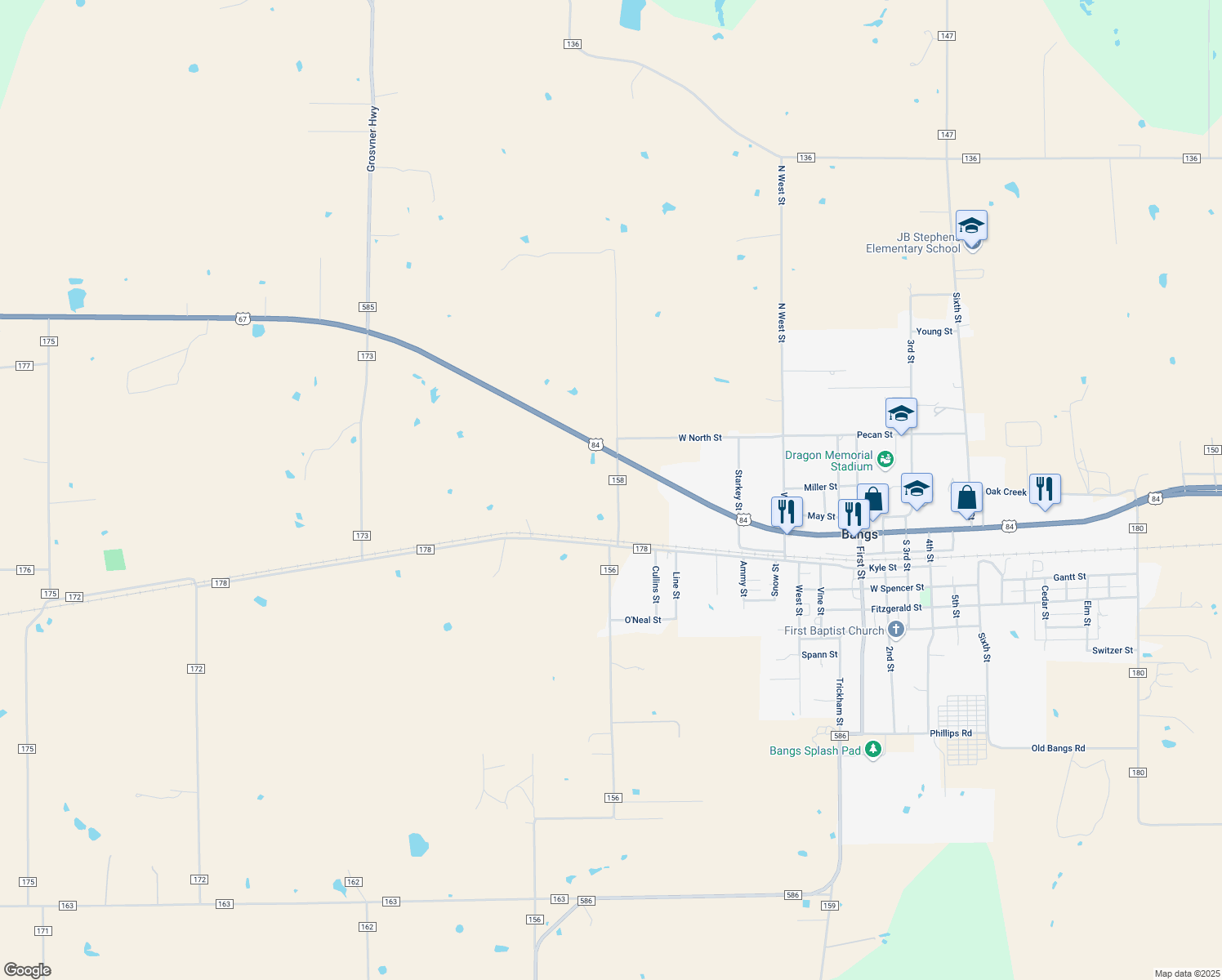 map of restaurants, bars, coffee shops, grocery stores, and more near 480 County Road 158 in Bangs