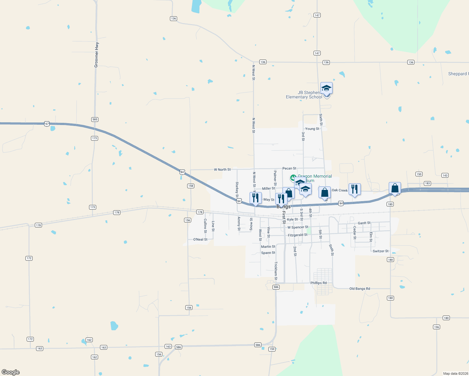 map of restaurants, bars, coffee shops, grocery stores, and more near 500 Starkey Street in Bangs