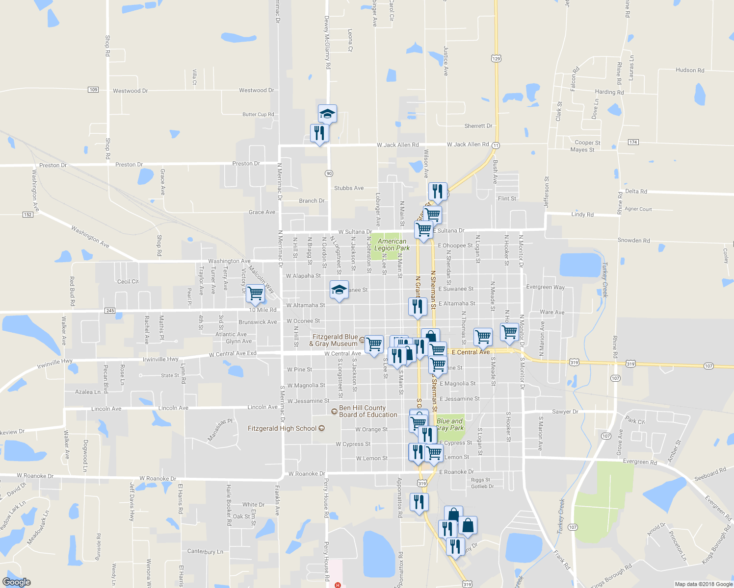 map of restaurants, bars, coffee shops, grocery stores, and more near 304 West Suwanee Street in Fitzgerald