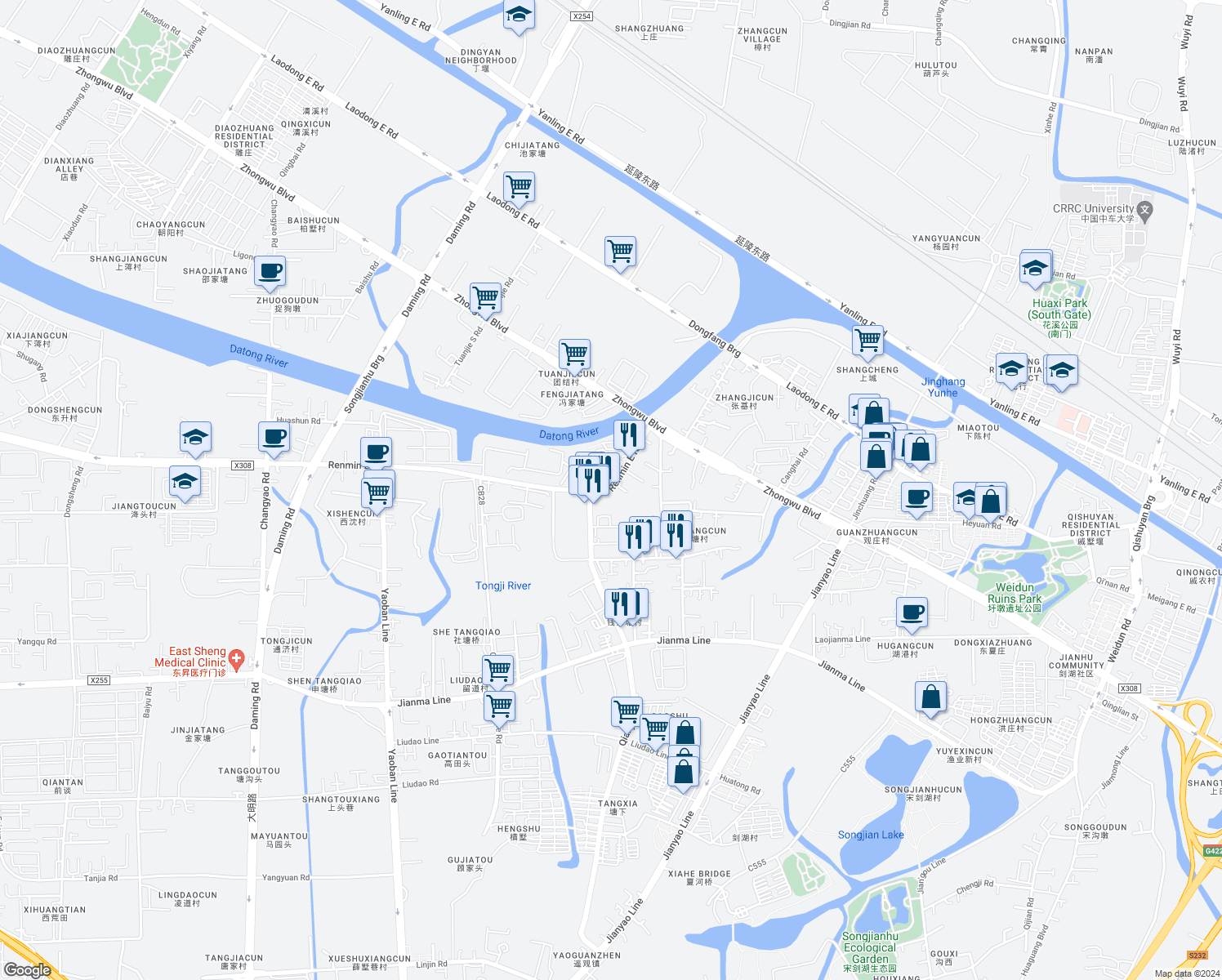 map of restaurants, bars, coffee shops, grocery stores, and more near Ren Min Dong Lu in Wu Xi Shi