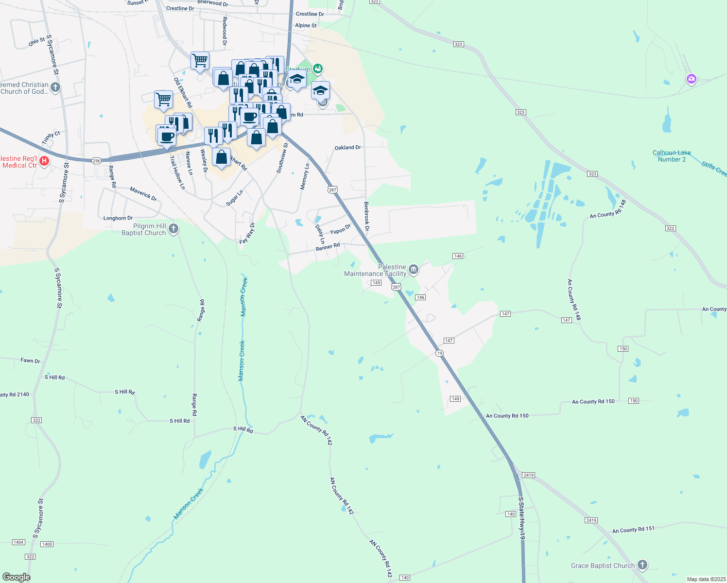map of restaurants, bars, coffee shops, grocery stores, and more near 625 County Road 145 in Palestine