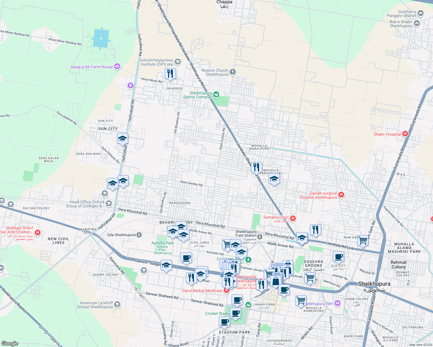 map of restaurants, bars, coffee shops, grocery stores, and more near Shah Colony Road in Sheikhupura
