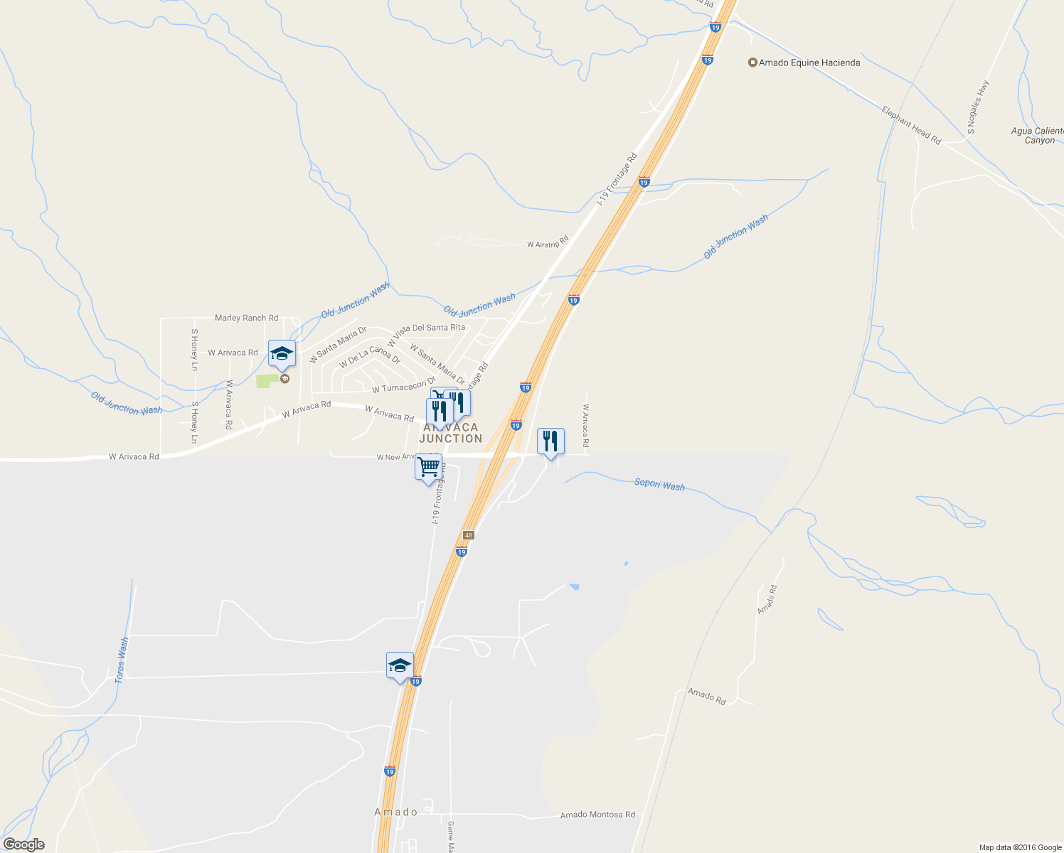 map of restaurants, bars, coffee shops, grocery stores, and more near East Frontage Road in Amado