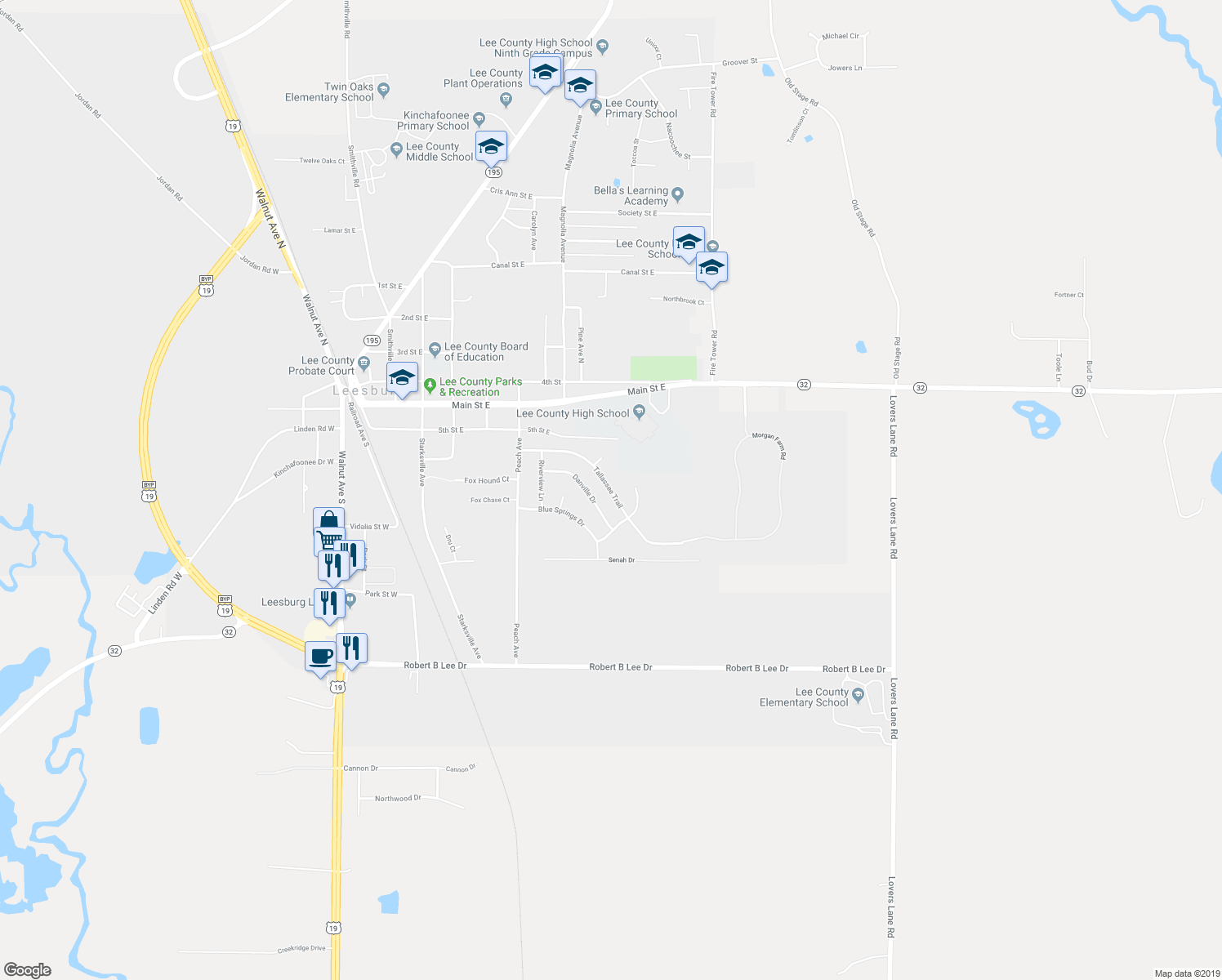 map of restaurants, bars, coffee shops, grocery stores, and more near Tallassee Trail in Leesburg