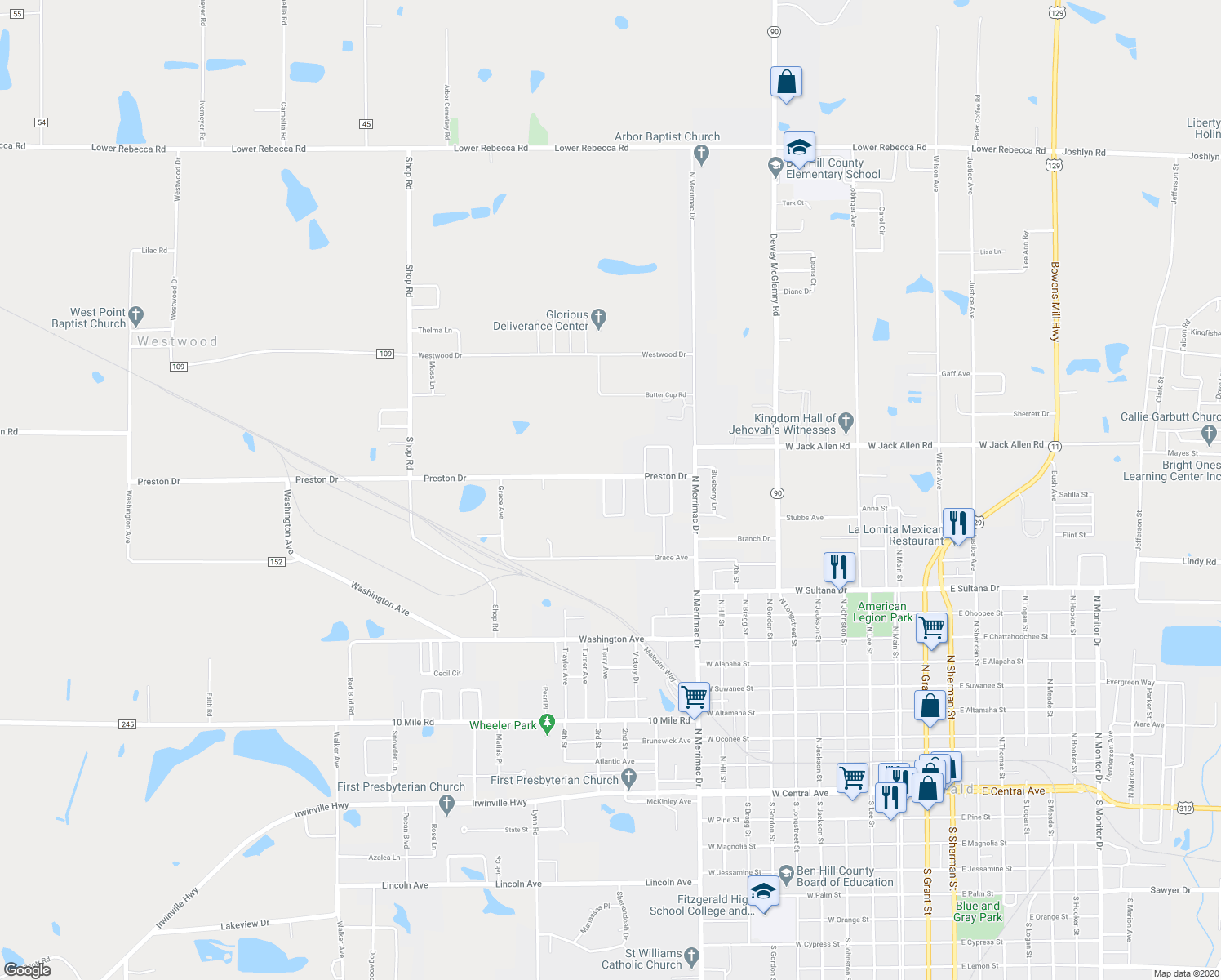 map of restaurants, bars, coffee shops, grocery stores, and more near 143 Meadowood Lane in Fitzgerald