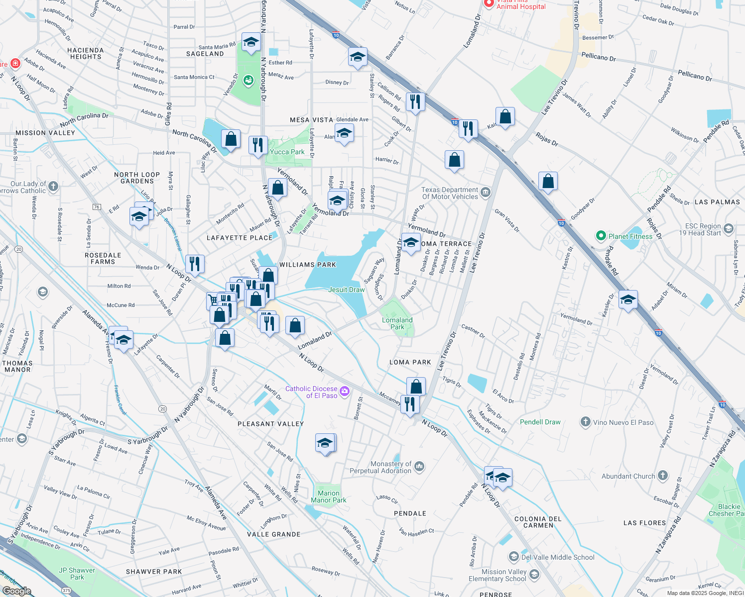 map of restaurants, bars, coffee shops, grocery stores, and more near 8145 Lomita Drive in El Paso