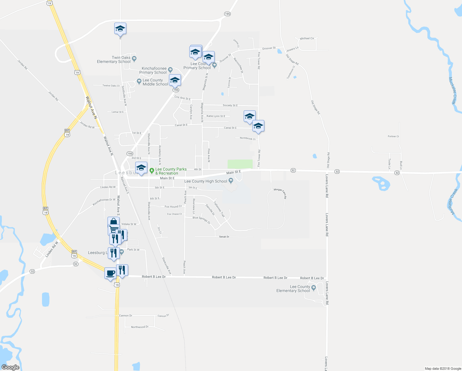 map of restaurants, bars, coffee shops, grocery stores, and more near 1 Trojan Way in Leesburg