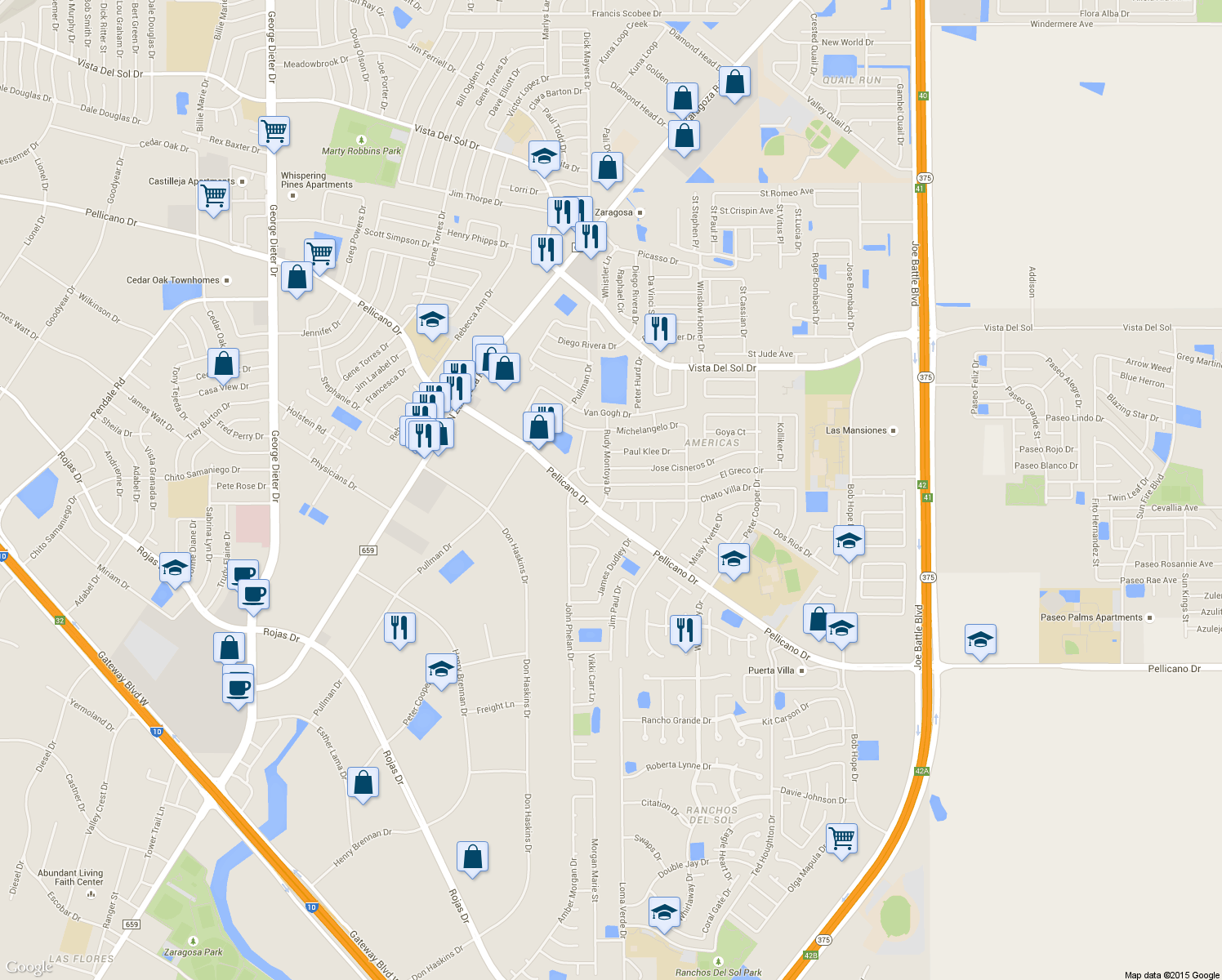 map of restaurants, bars, coffee shops, grocery stores, and more near 12040 El Greco Circle in El Paso
