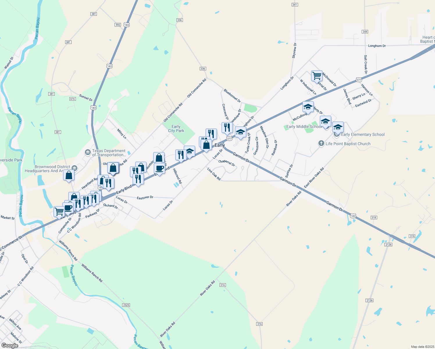 map of restaurants, bars, coffee shops, grocery stores, and more near 208 Live Oak Road in Early