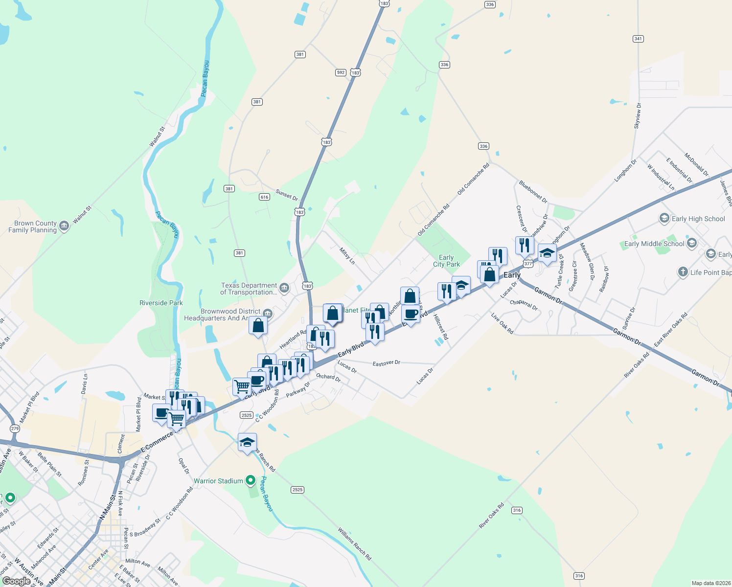 map of restaurants, bars, coffee shops, grocery stores, and more near 511 Old Comanche Rd in Early