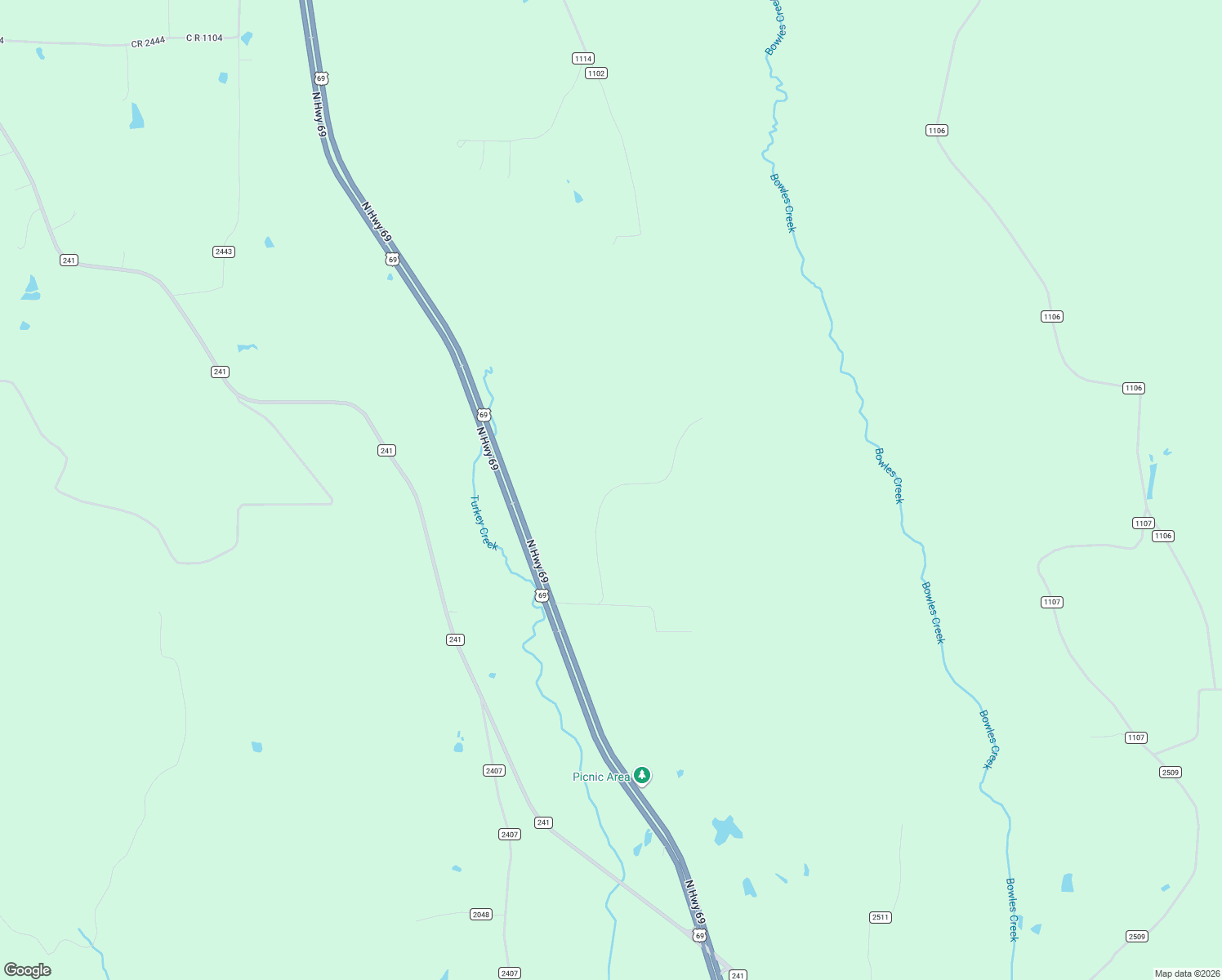 map of restaurants, bars, coffee shops, grocery stores, and more near County Road 1102-A in Rusk