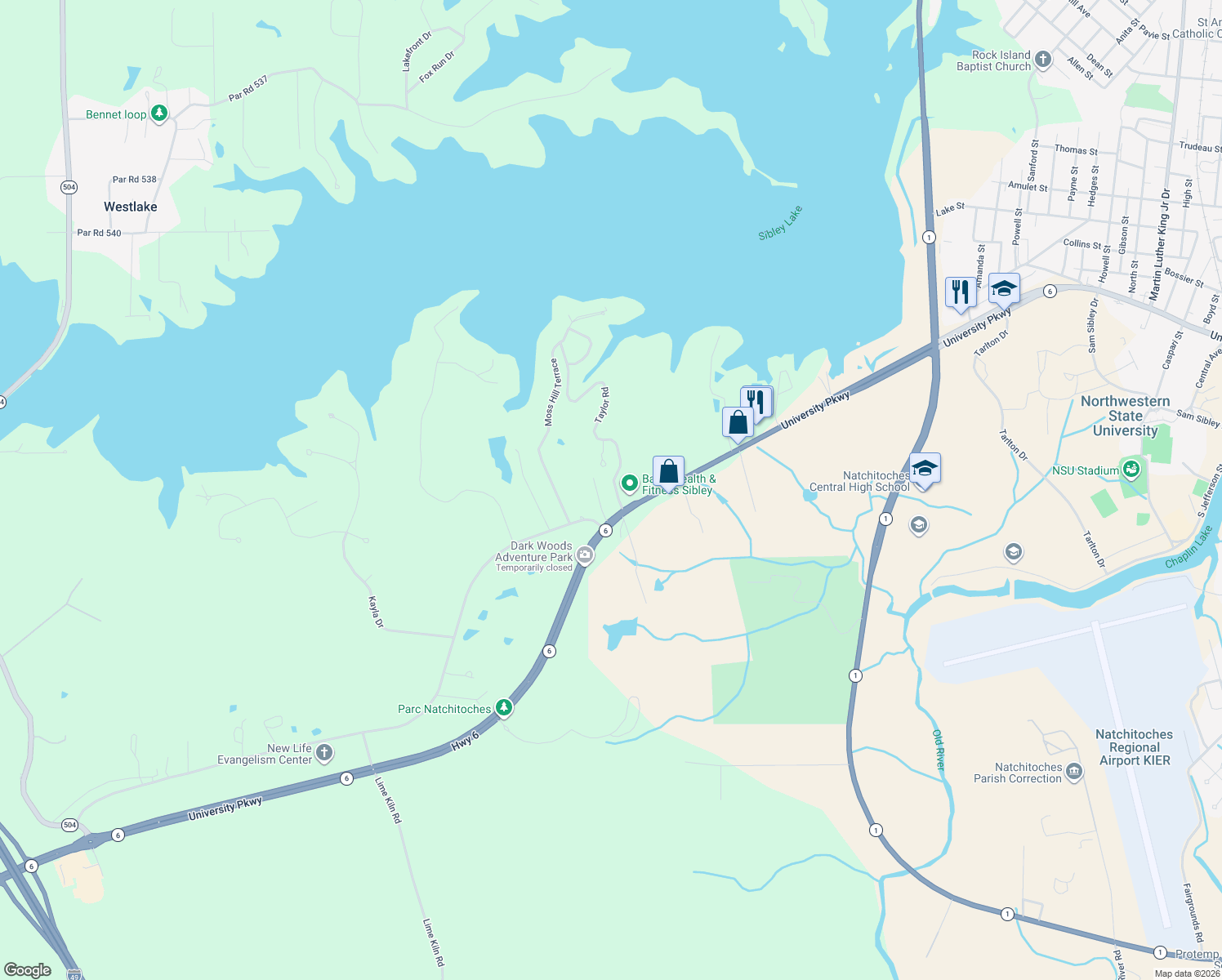 map of restaurants, bars, coffee shops, grocery stores, and more near 143 Taylor Road in Natchitoches