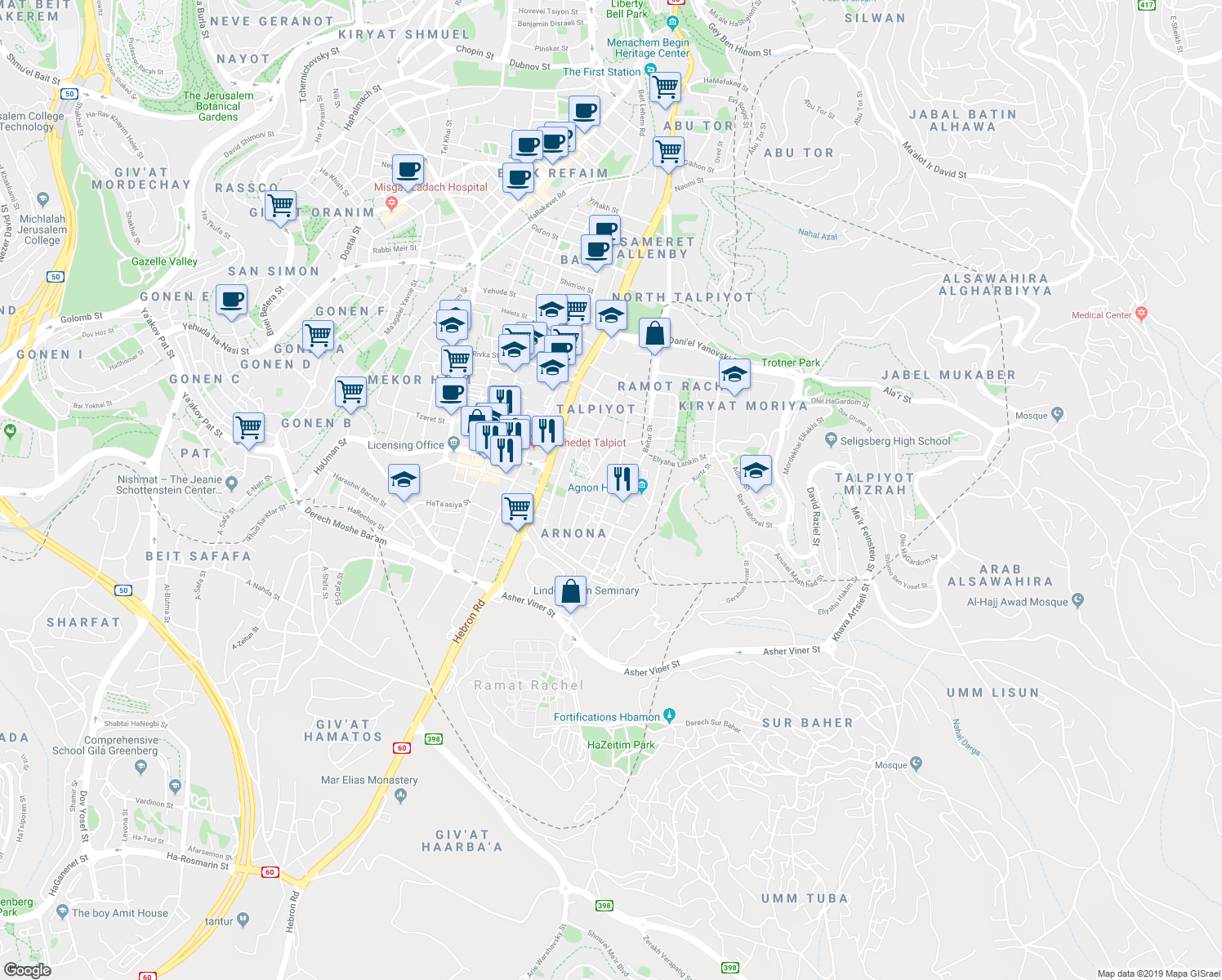 map of restaurants, bars, coffee shops, grocery stores, and more near Kore HaDorot Street in Jerusalem