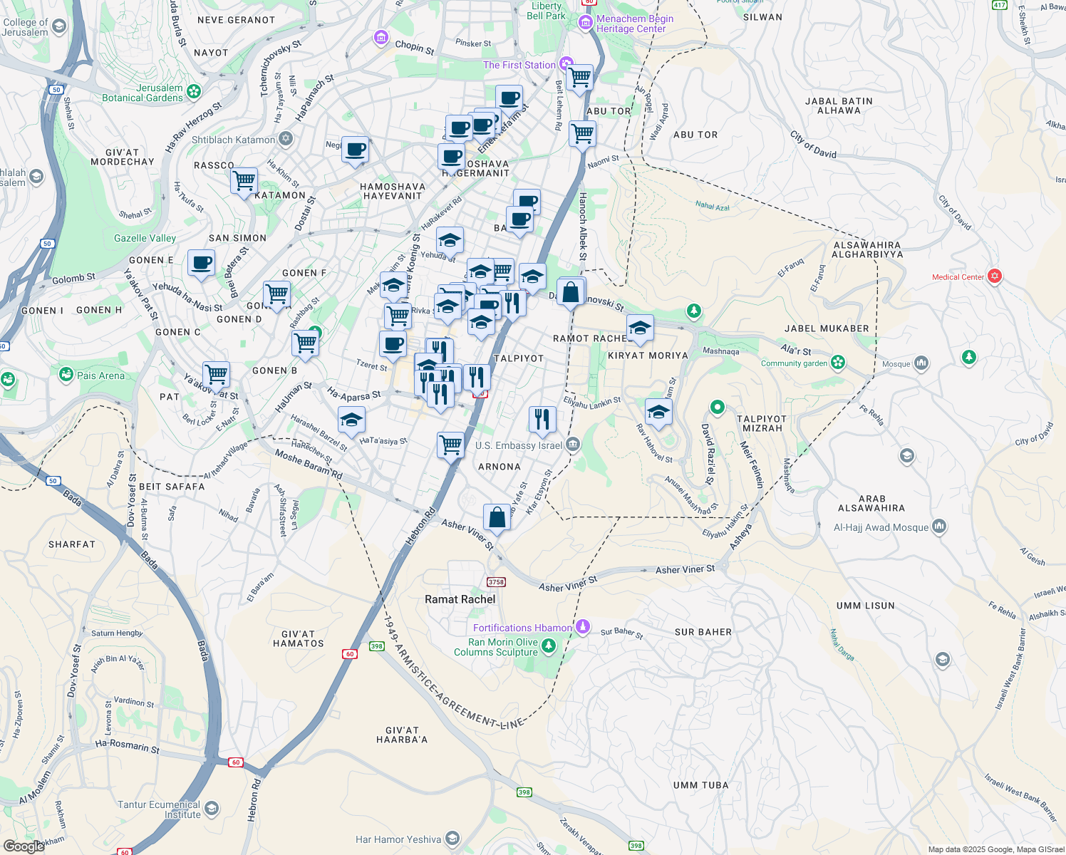 map of restaurants, bars, coffee shops, grocery stores, and more near Kore HaDorot Street in Jerusalem