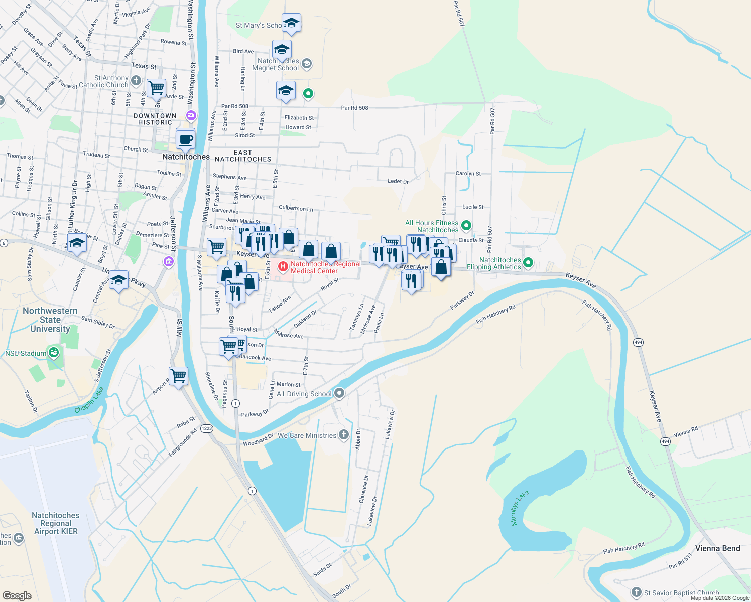 map of restaurants, bars, coffee shops, grocery stores, and more near 201 Melrose Avenue in Natchitoches
