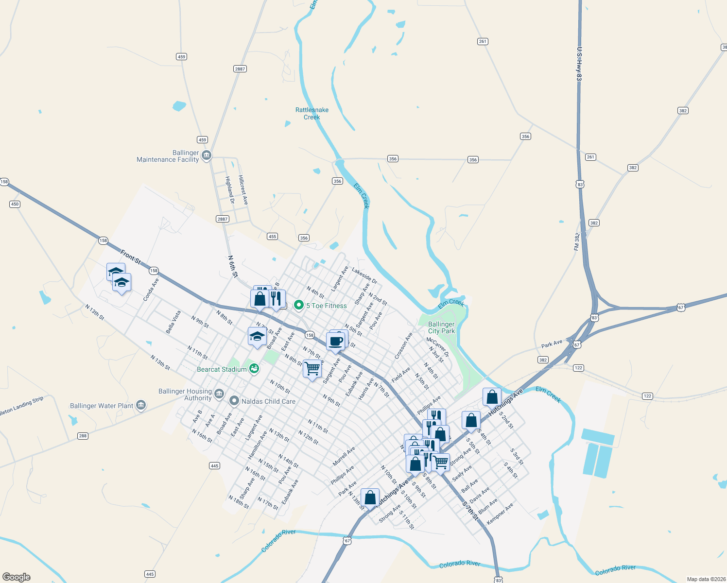 map of restaurants, bars, coffee shops, grocery stores, and more near 208 Sharp Avenue in Ballinger