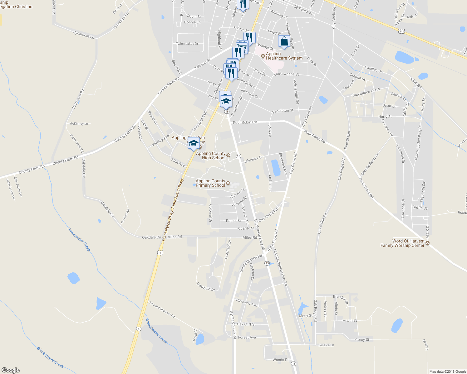 map of restaurants, bars, coffee shops, grocery stores, and more near 680 Blackshear Highway Southeast in Baxley
