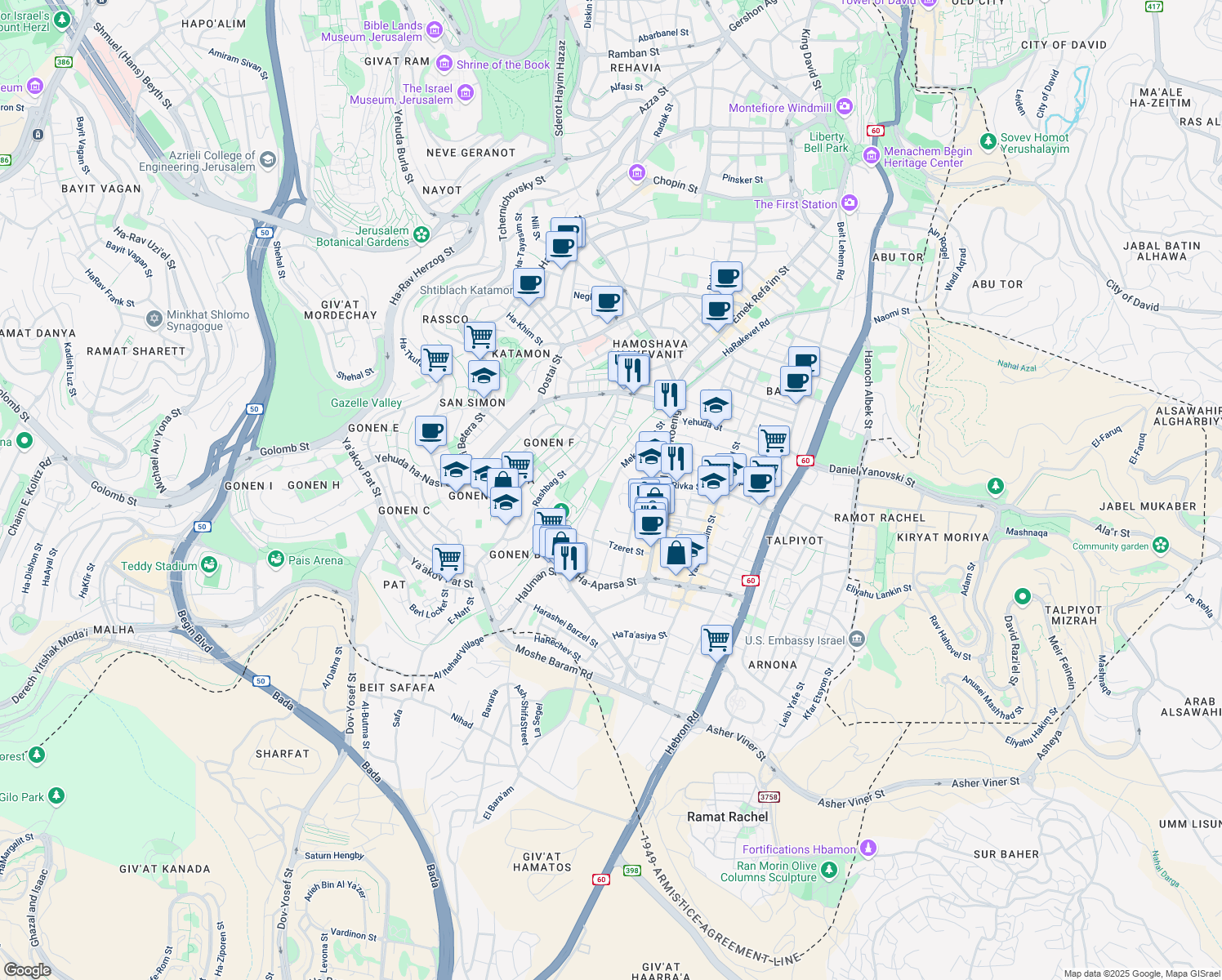 map of restaurants, bars, coffee shops, grocery stores, and more near Mekor Haim Street in Jerusalem