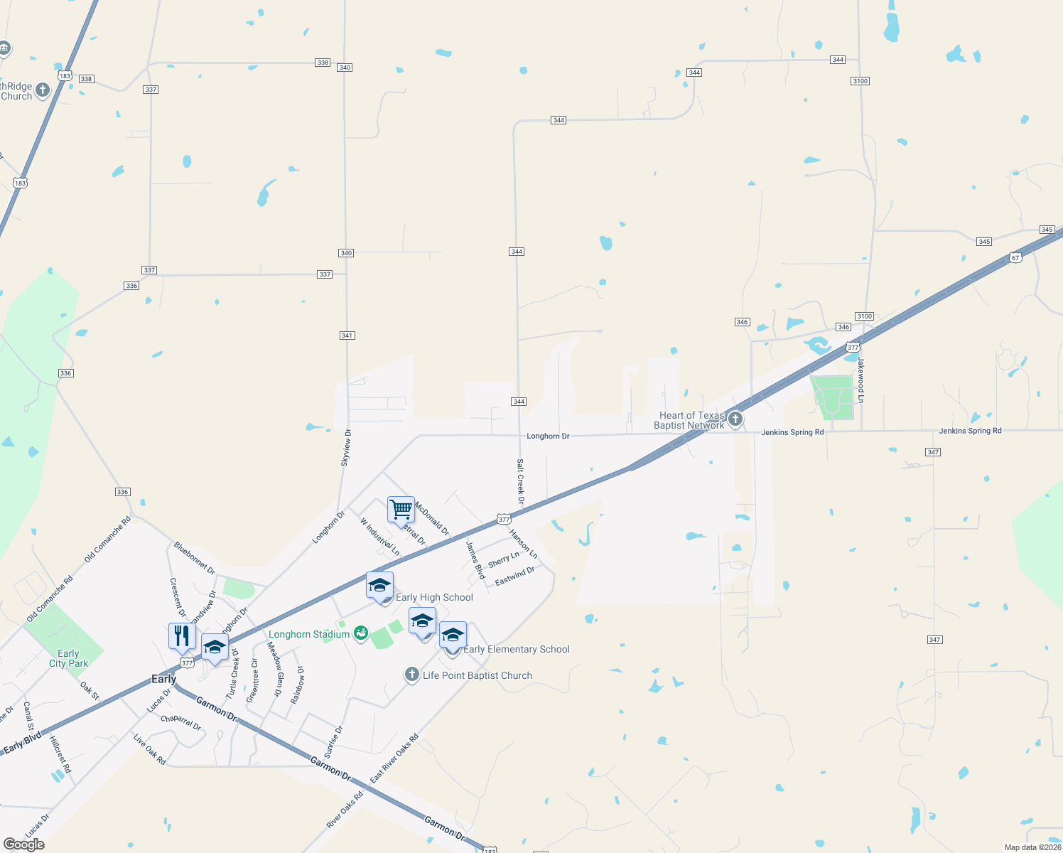 map of restaurants, bars, coffee shops, grocery stores, and more near 704 Longhorn Drive in Early
