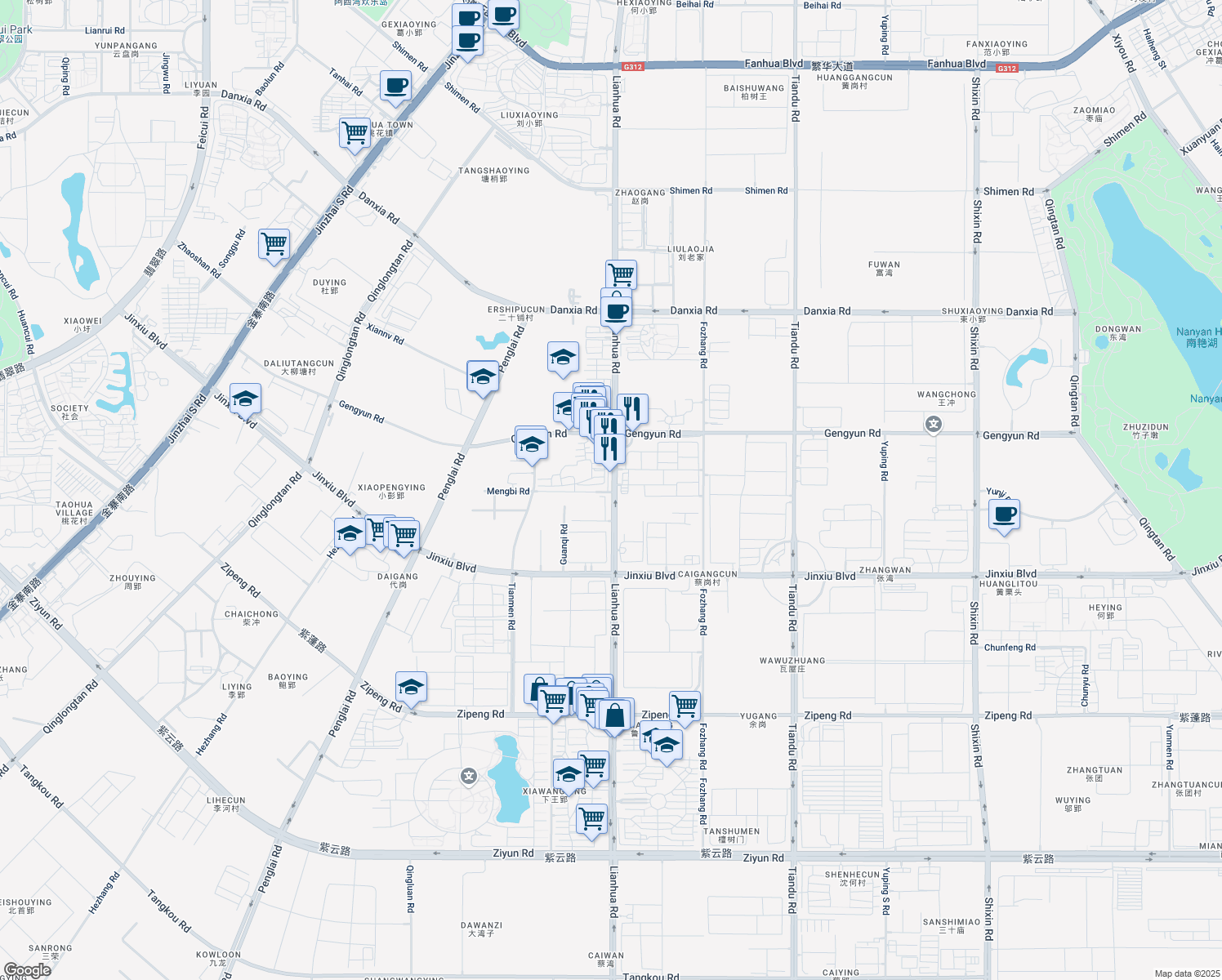 map of restaurants, bars, coffee shops, grocery stores, and more near 1312 Lianhua Road in Hefei Shi