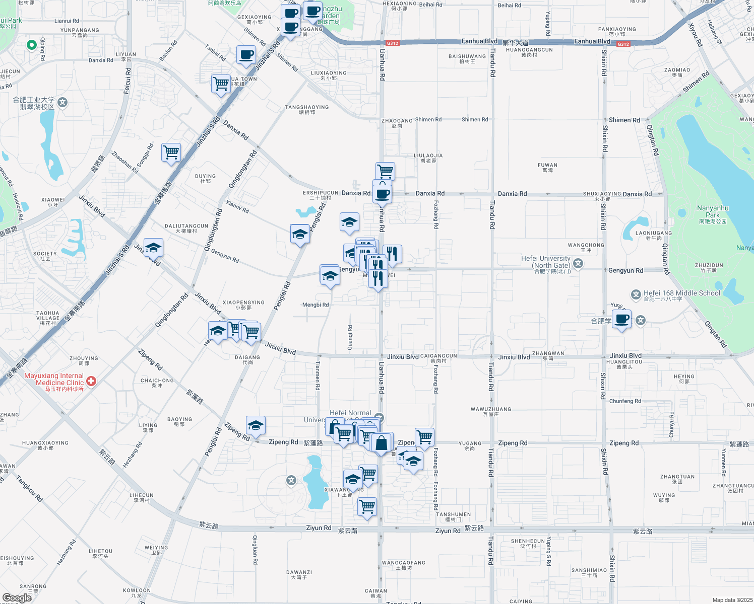 map of restaurants, bars, coffee shops, grocery stores, and more near 1312 Lianhua Road in Hefei Shi