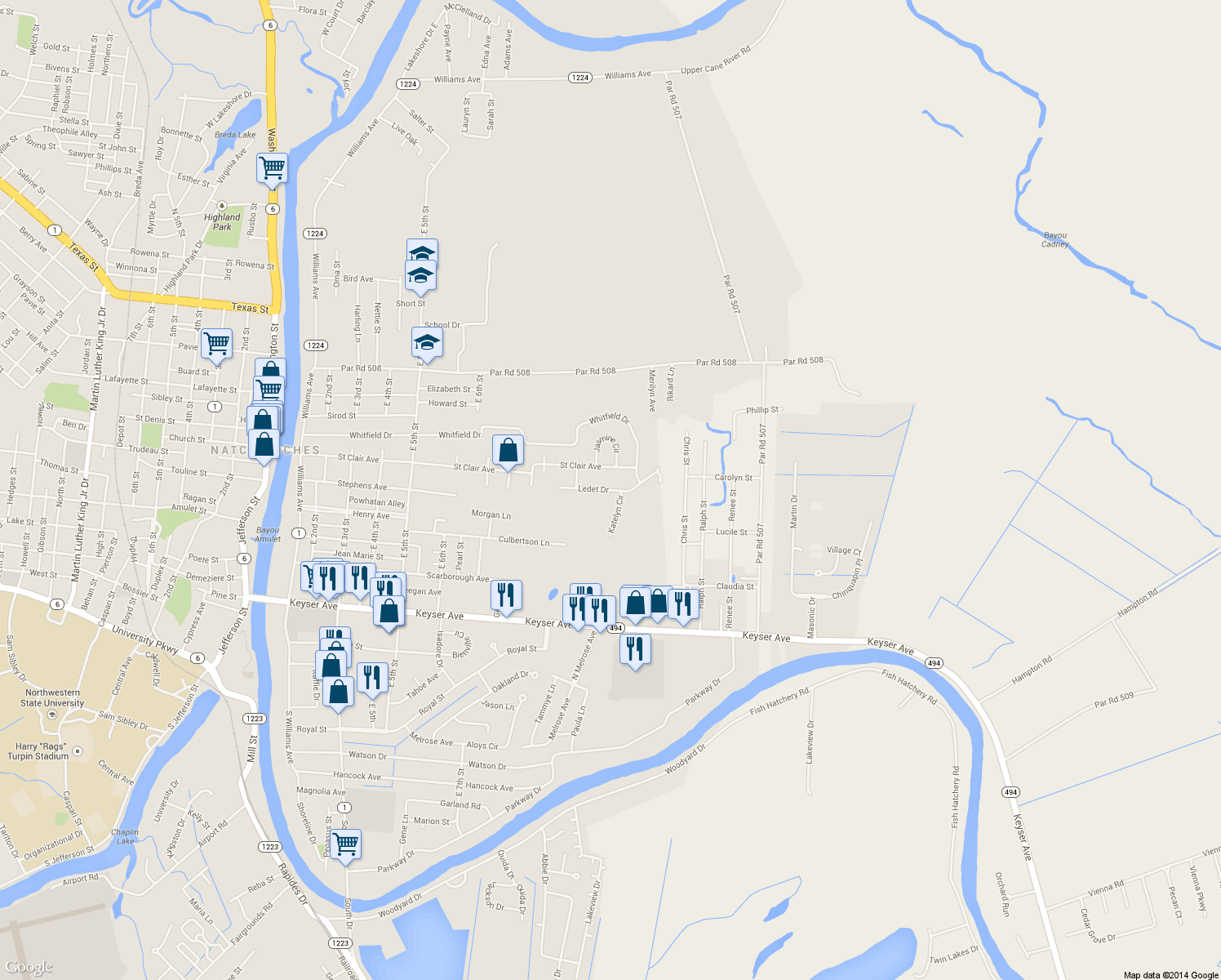 map of restaurants, bars, coffee shops, grocery stores, and more near Ledet Dr in Natchitoches