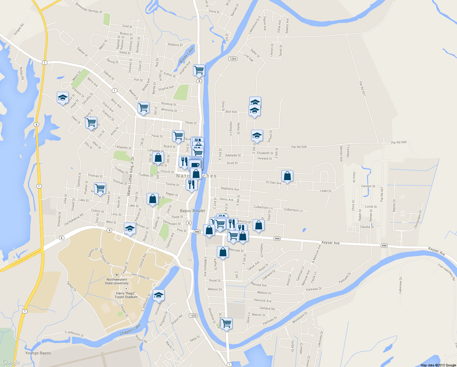 map of restaurants, bars, coffee shops, grocery stores, and more near East 3rd Street in Natchitoches